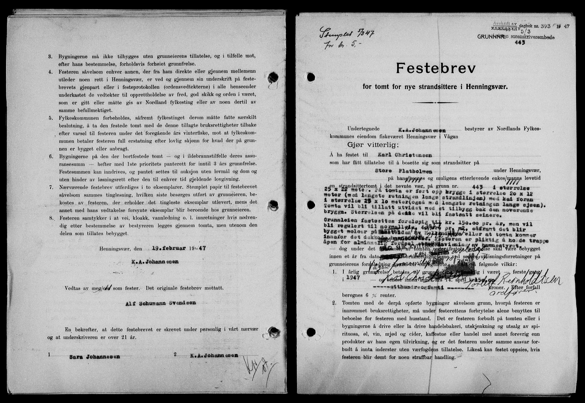 Lofoten sorenskriveri, SAT/A-0017/1/2/2C/L0015a: Mortgage book no. 15a, 1946-1947, Diary no: : 393/1947