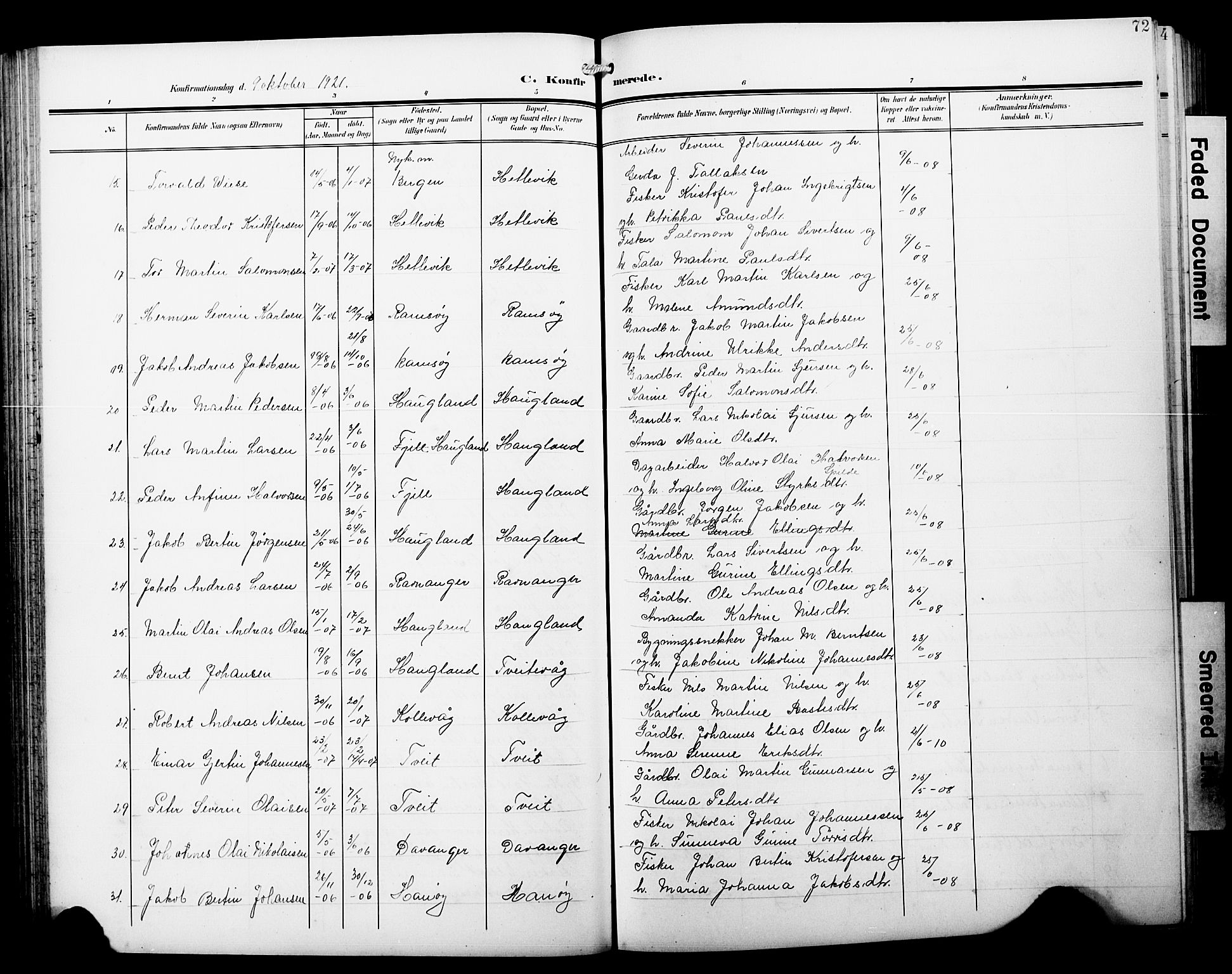 Askøy Sokneprestembete, AV/SAB-A-74101/H/Ha/Hab/Haba/L0014: Parish register (copy) no. A 14, 1904-1927, p. 72