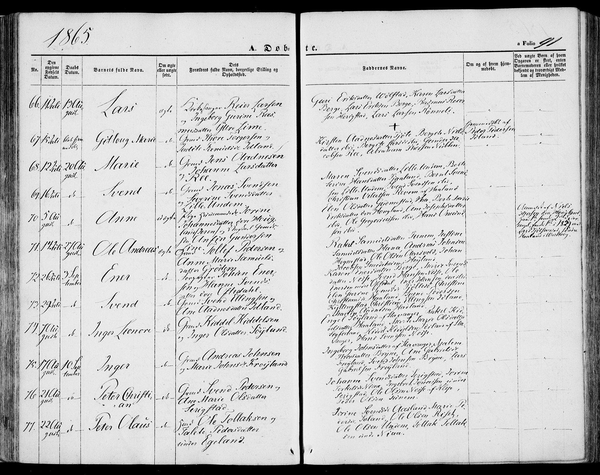Lye sokneprestkontor, SAST/A-101794/001/30BA/L0007: Parish register (official) no. A 6, 1856-1871, p. 91