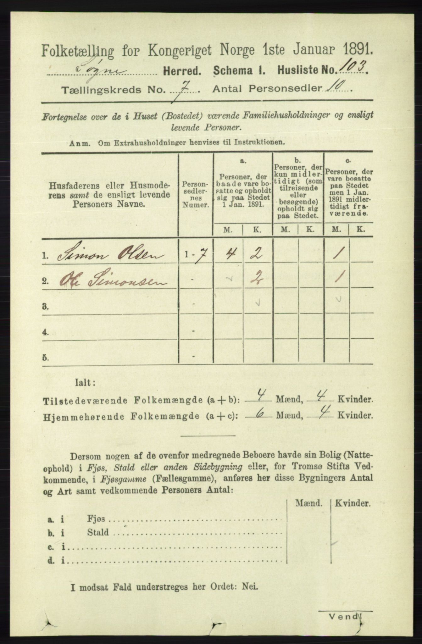 RA, 1891 census for 1018 Søgne, 1891, p. 1526