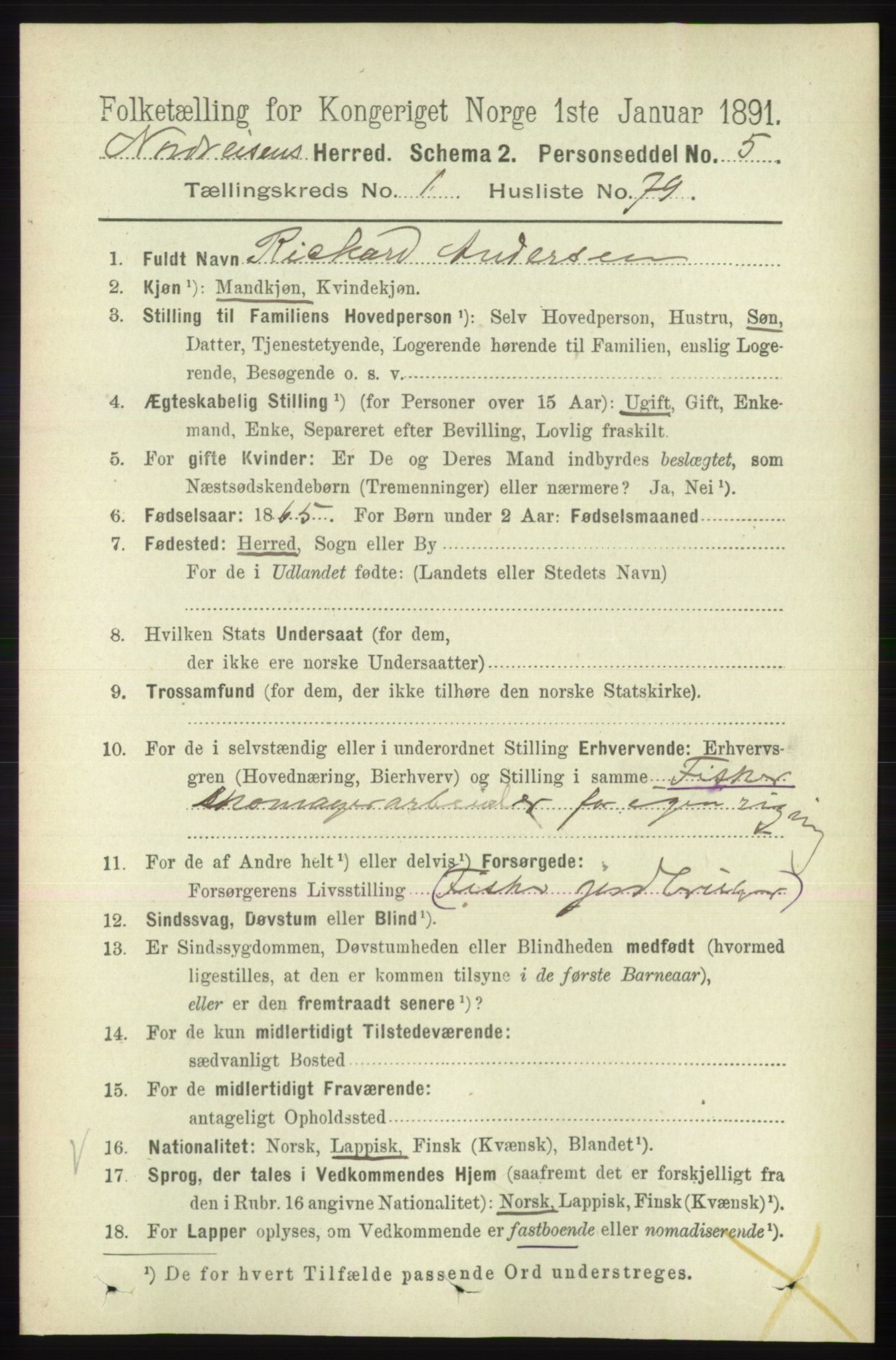 RA, 1891 census for 1942 Nordreisa, 1891, p. 605