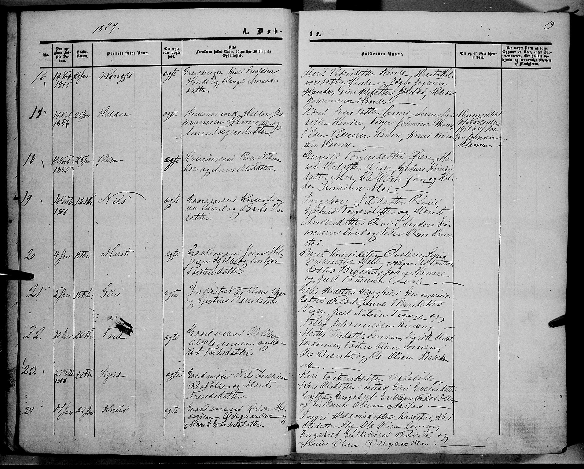 Vestre Slidre prestekontor, AV/SAH-PREST-136/H/Ha/Haa/L0002: Parish register (official) no. 2, 1856-1864, p. 19