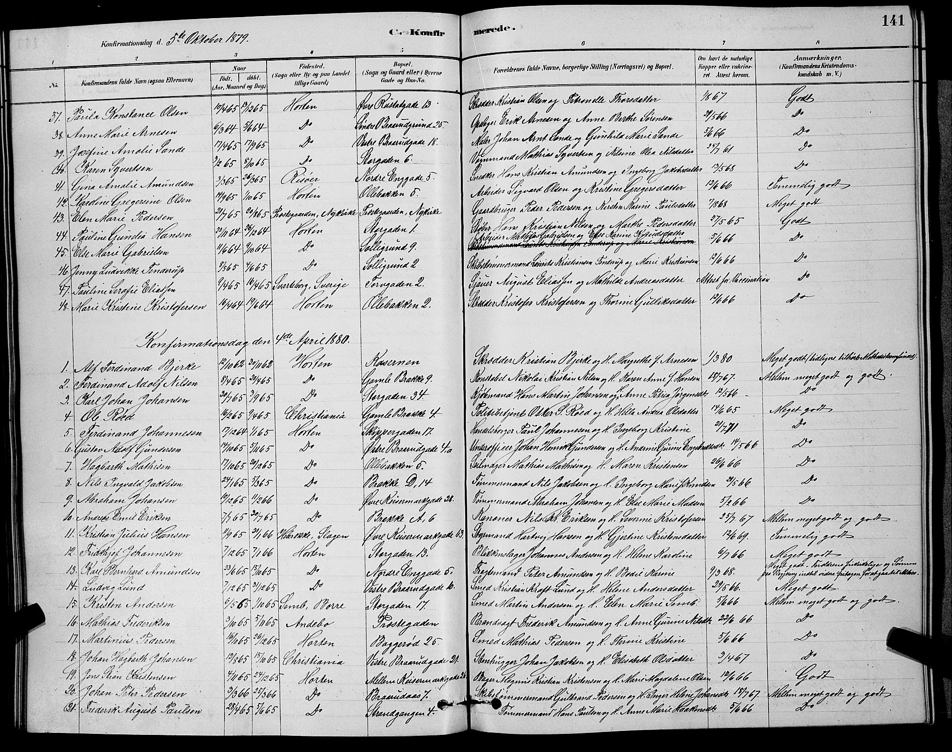 Horten kirkebøker, AV/SAKO-A-348/G/Ga/L0003: Parish register (copy) no. 4, 1878-1887, p. 141