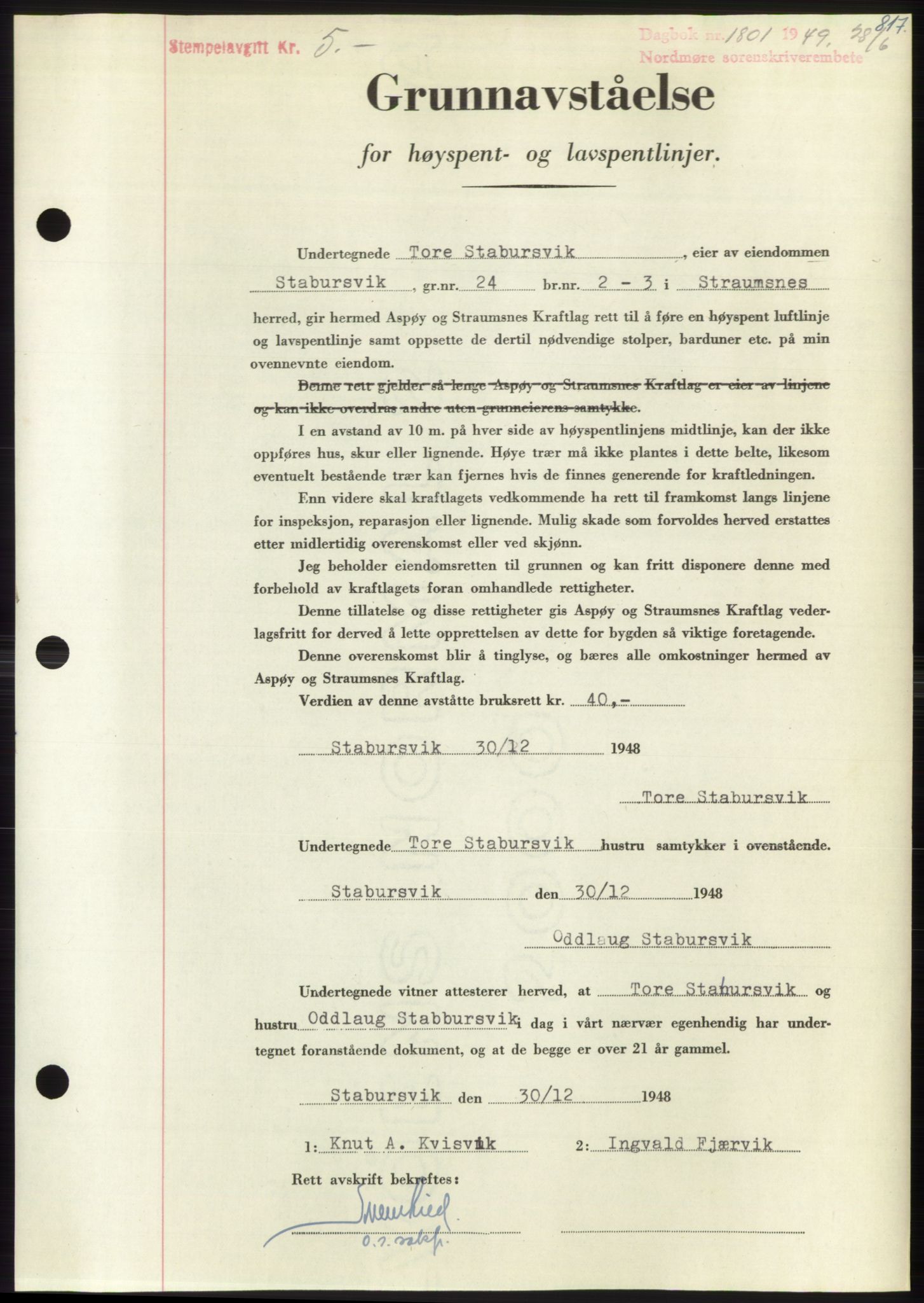 Nordmøre sorenskriveri, AV/SAT-A-4132/1/2/2Ca: Mortgage book no. B101, 1949-1949, Diary no: : 1801/1949