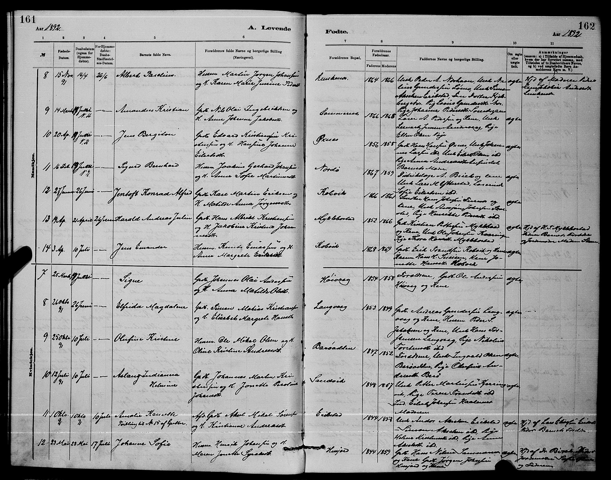 Ministerialprotokoller, klokkerbøker og fødselsregistre - Nordland, AV/SAT-A-1459/872/L1047: Parish register (copy) no. 872C03, 1880-1897, p. 161-162