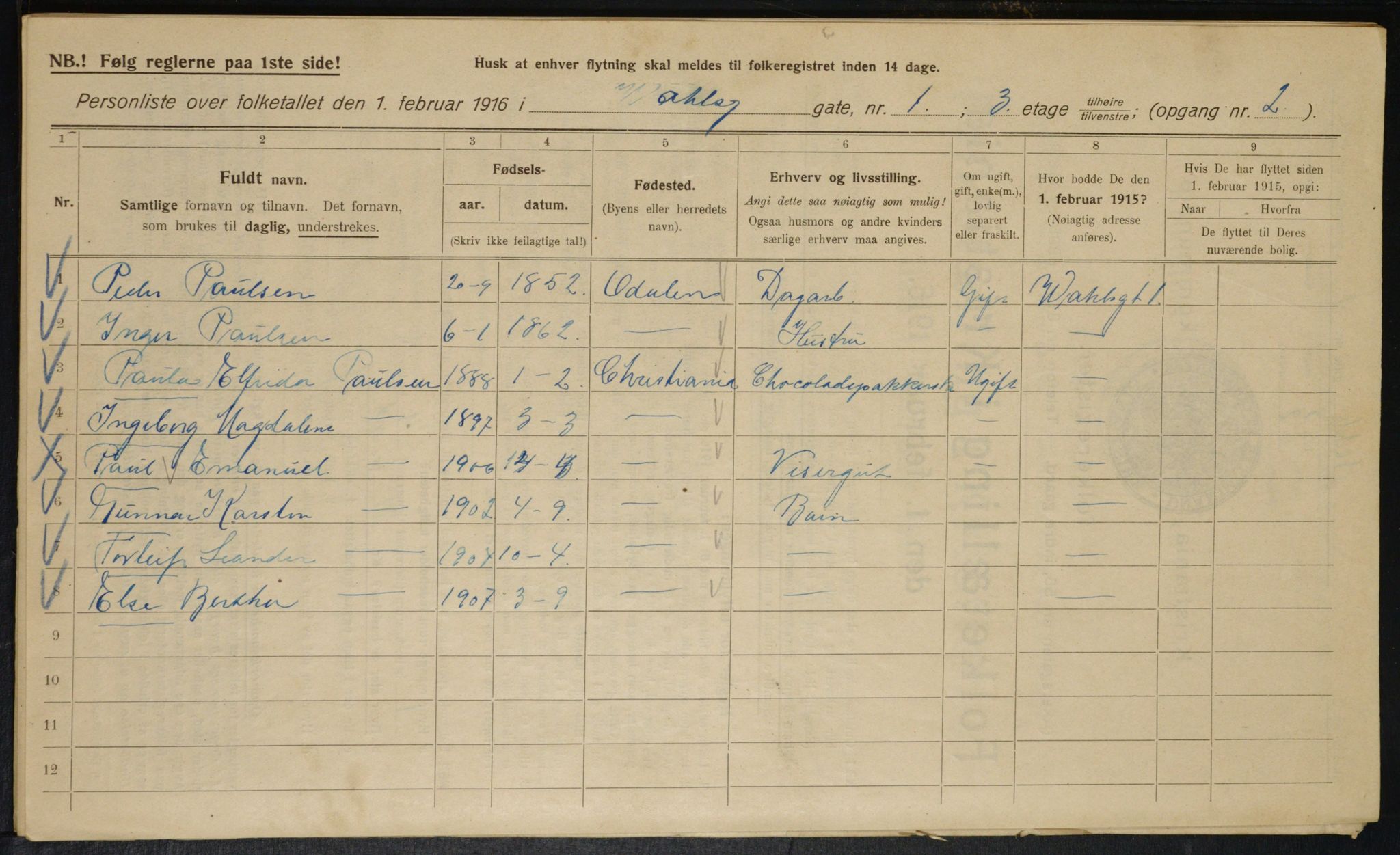 OBA, Municipal Census 1916 for Kristiania, 1916, p. 125135