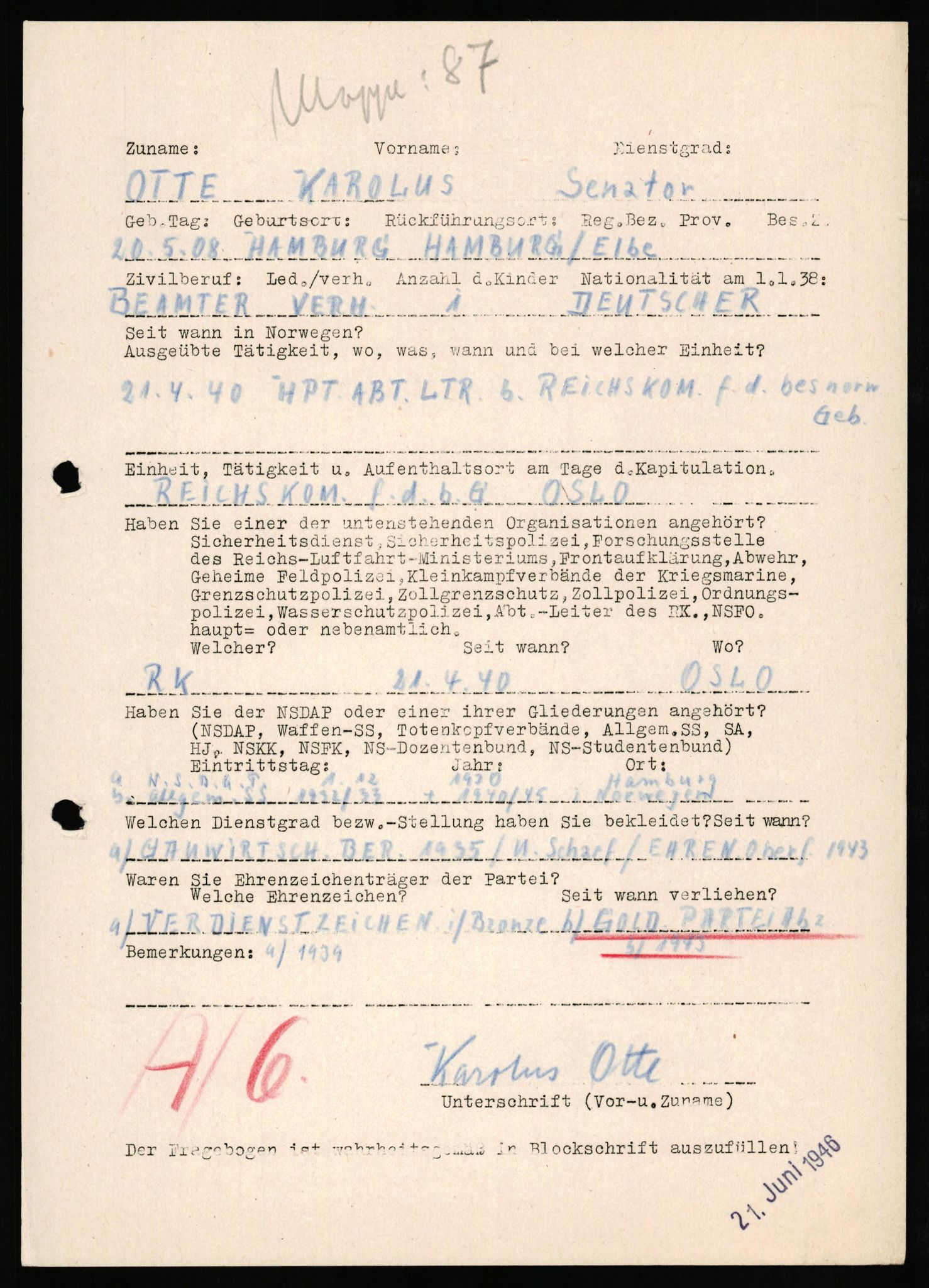 Forsvaret, Forsvarets overkommando II, AV/RA-RAFA-3915/D/Db/L0025: CI Questionaires. Tyske okkupasjonsstyrker i Norge. Tyskere., 1945-1946, p. 149