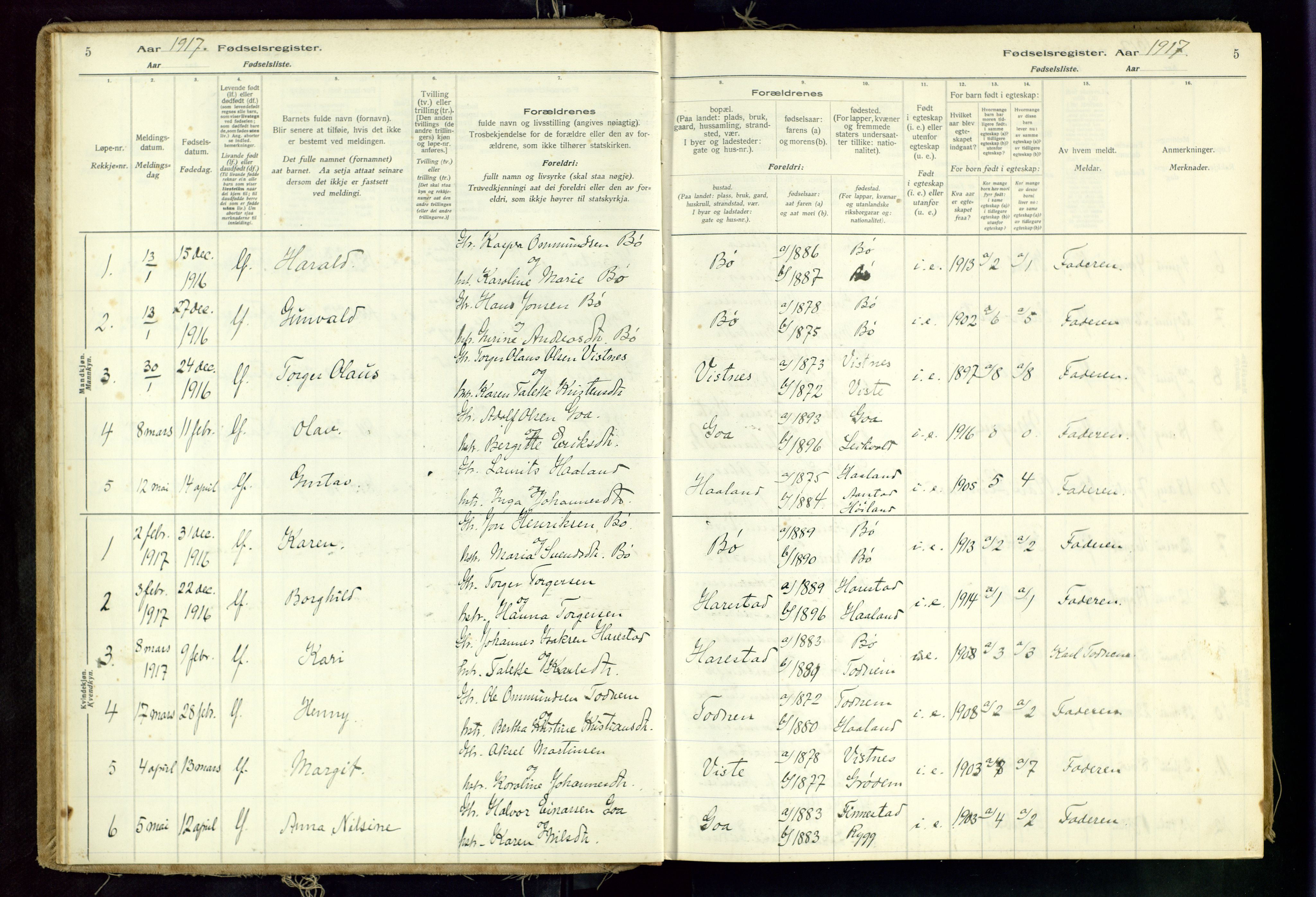 Hetland sokneprestkontor, SAST/A-101826/70/704BA/L0001: Birth register no. 1, 1916-1954, p. 5