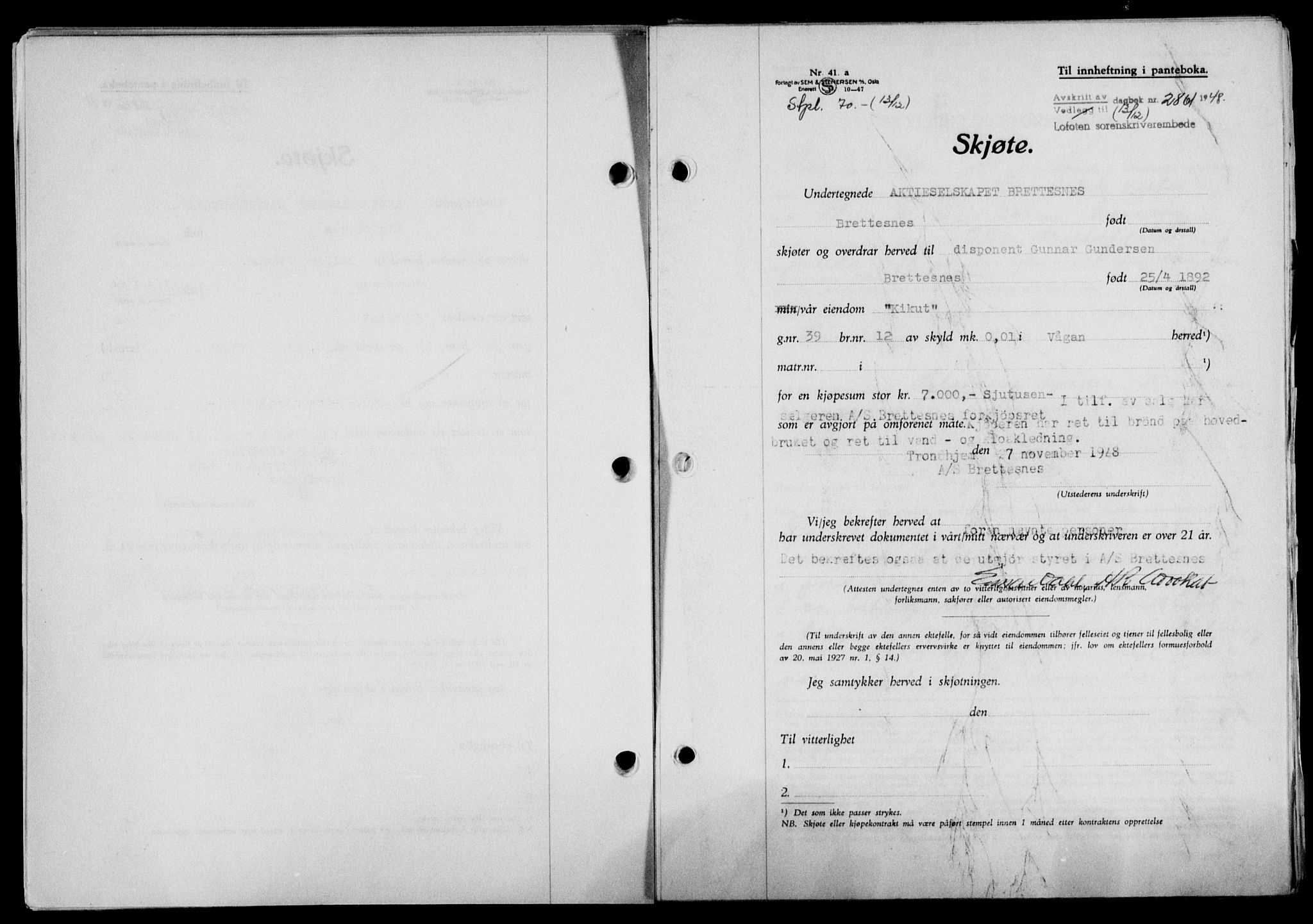 Lofoten sorenskriveri, SAT/A-0017/1/2/2C/L0020a: Mortgage book no. 20a, 1948-1949, Diary no: : 2861/1948