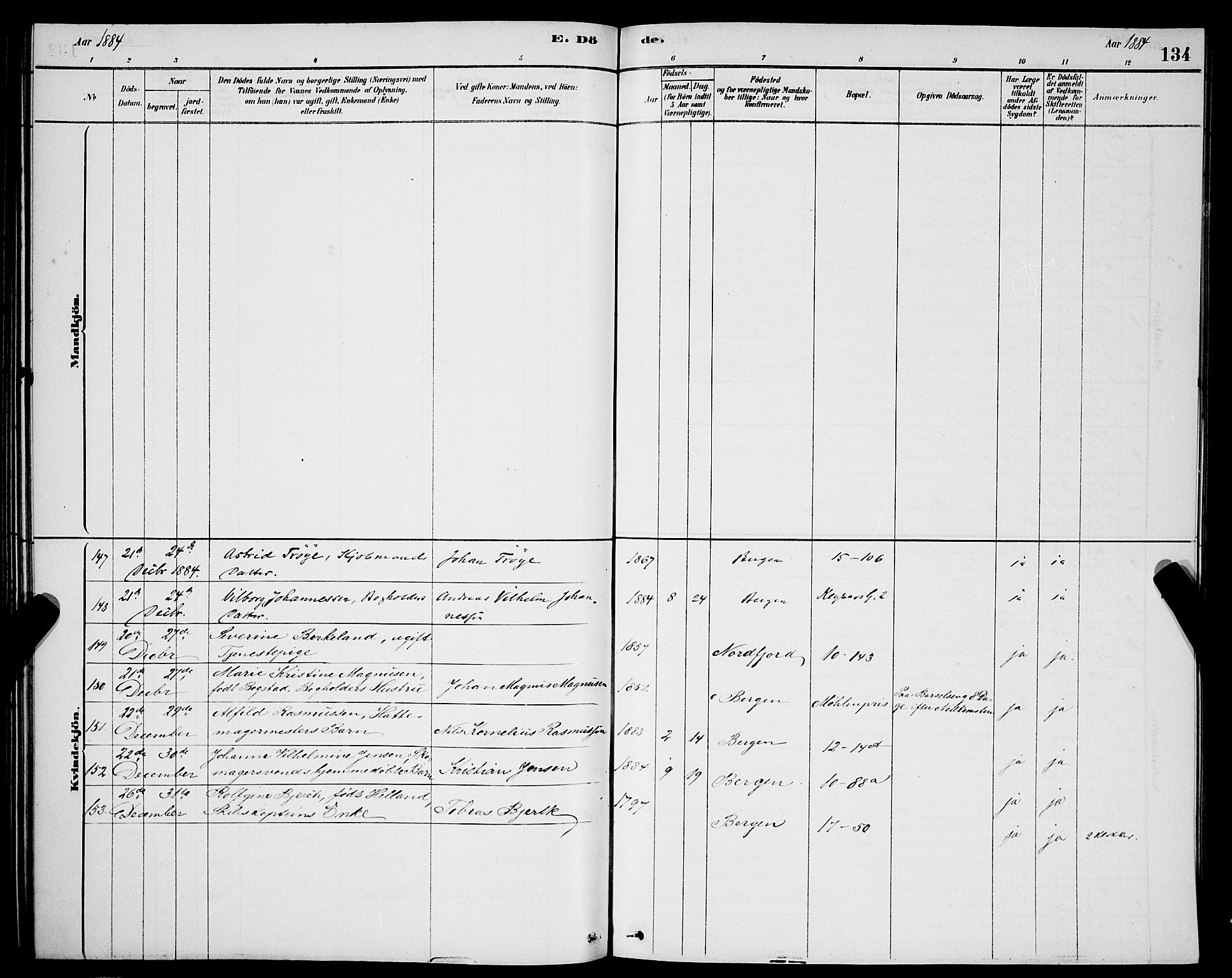 Domkirken sokneprestembete, AV/SAB-A-74801/H/Hab/L0041: Parish register (copy) no. E 5, 1878-1900, p. 134