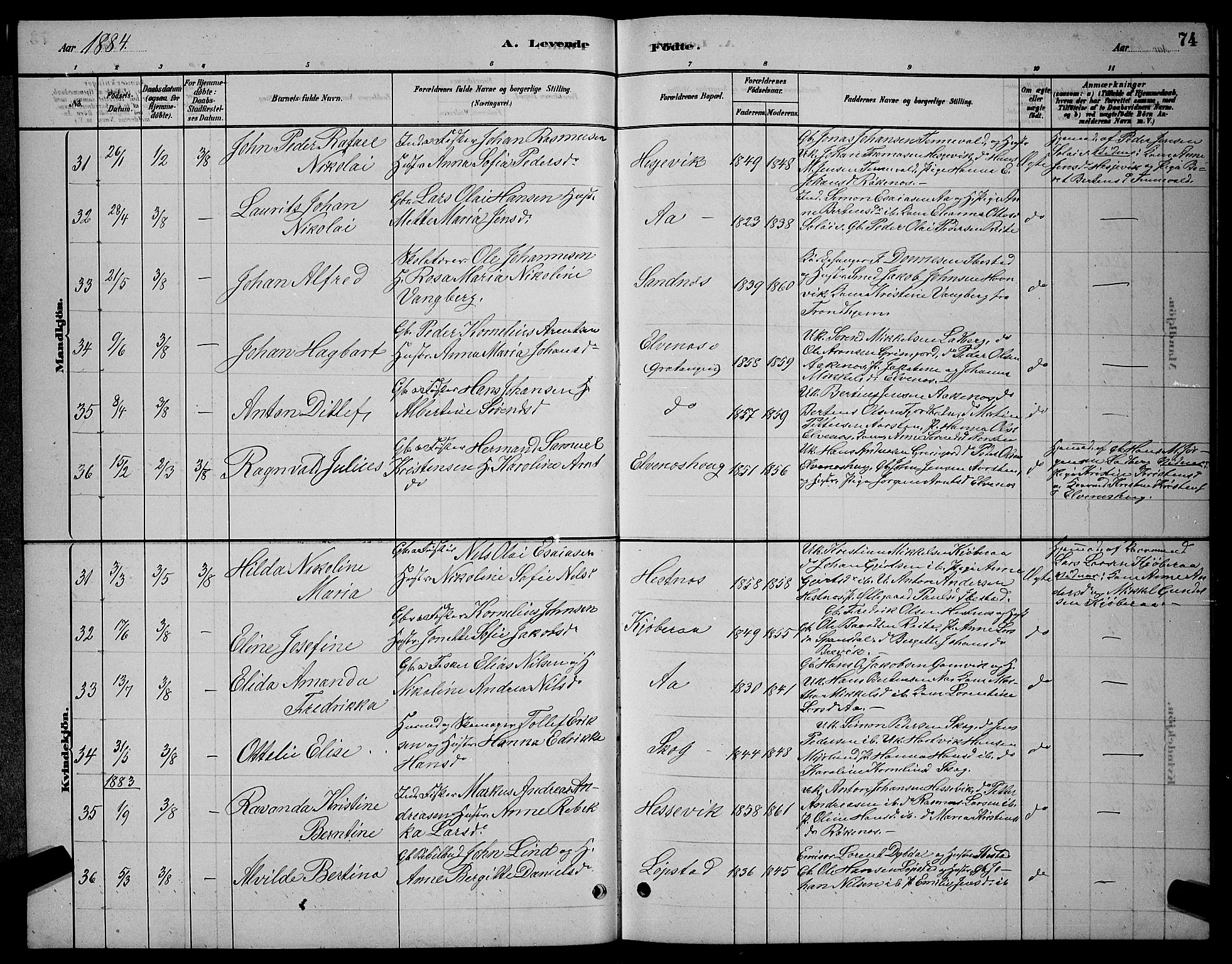 Ibestad sokneprestembete, AV/SATØ-S-0077/H/Ha/Hab/L0007klokker: Parish register (copy) no. 7, 1879-1889, p. 74