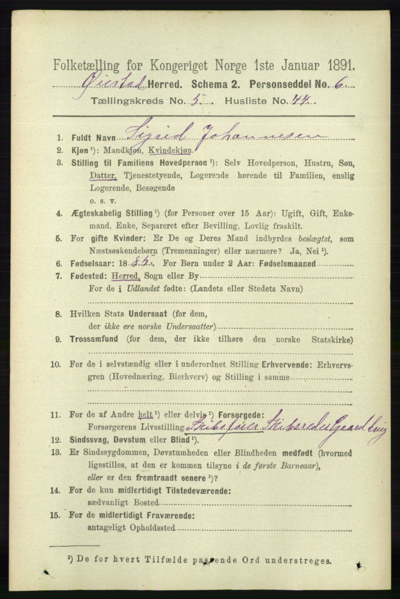 RA, 1891 census for 0920 Øyestad, 1891, p. 2047