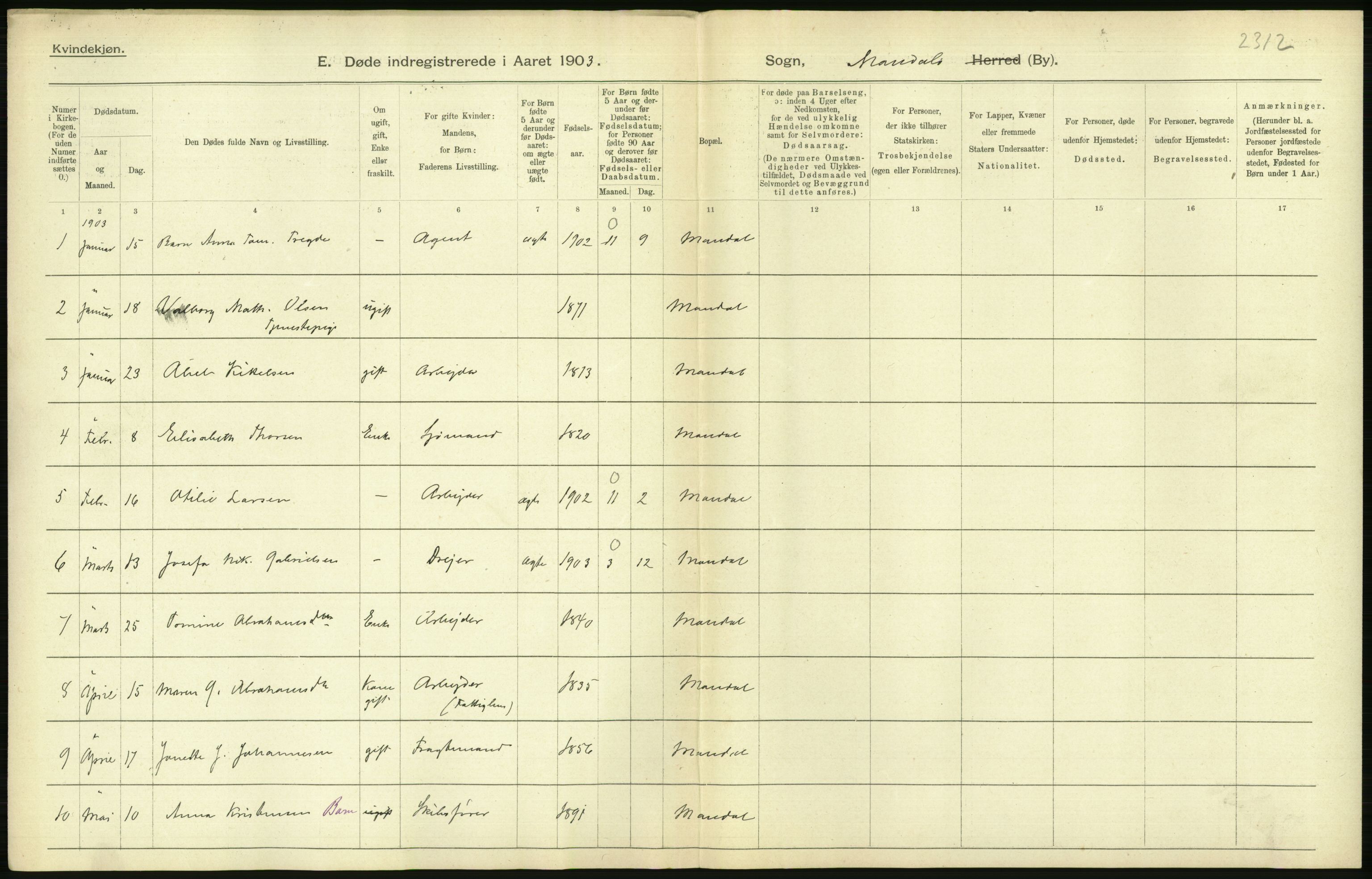 Statistisk sentralbyrå, Sosiodemografiske emner, Befolkning, AV/RA-S-2228/D/Df/Dfa/Dfaa/L0011: Lister og Mandal amt: Fødte, gifte, døde, 1903, p. 520