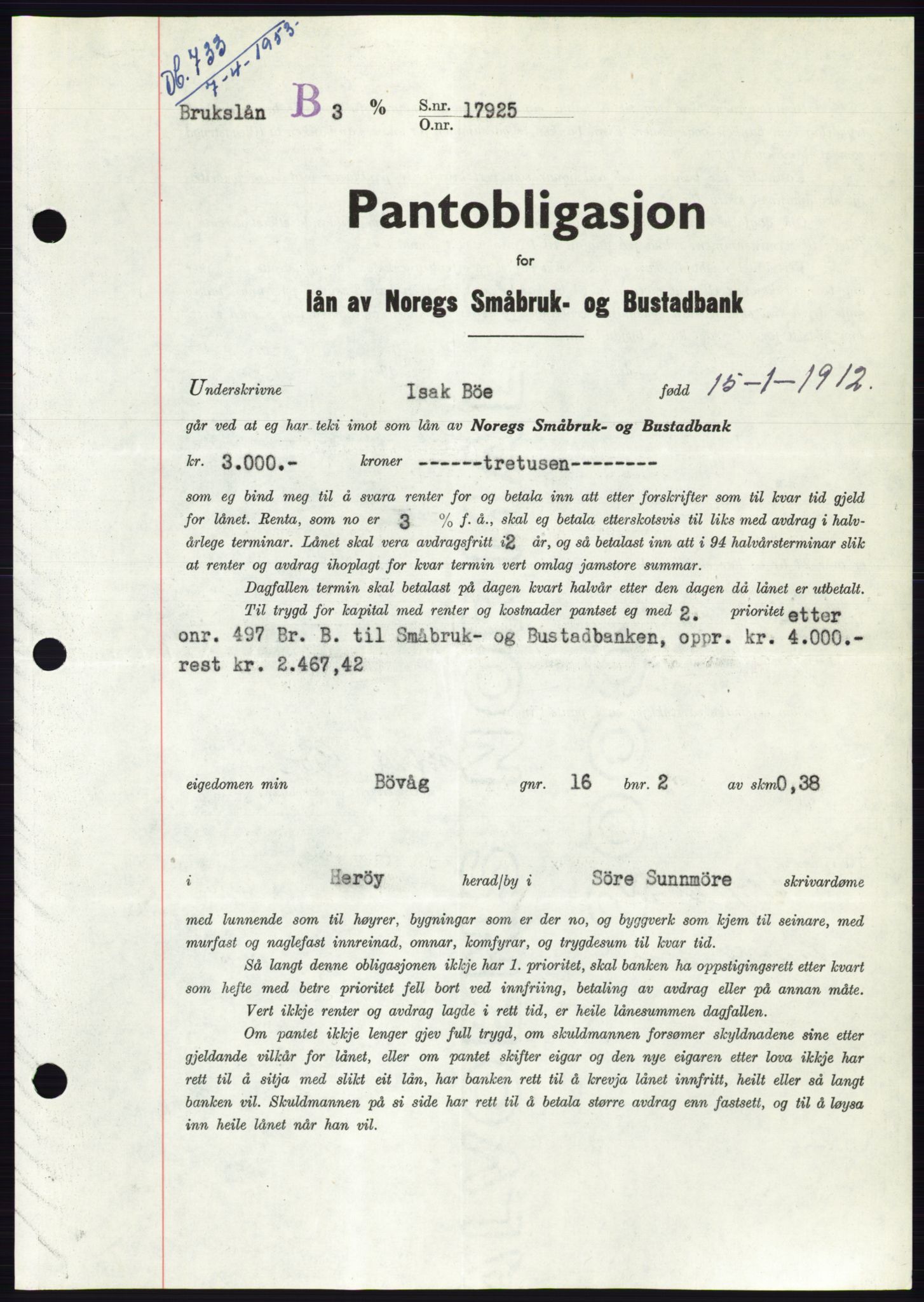 Søre Sunnmøre sorenskriveri, AV/SAT-A-4122/1/2/2C/L0123: Mortgage book no. 11B, 1953-1953, Diary no: : 733/1953