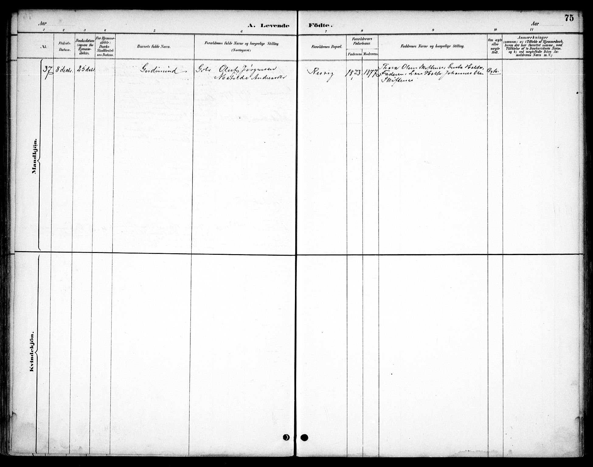 Hommedal sokneprestkontor, AV/SAK-1111-0023/F/Fb/Fbb/L0007: Parish register (copy) no. B 7, 1885-1904, p. 75