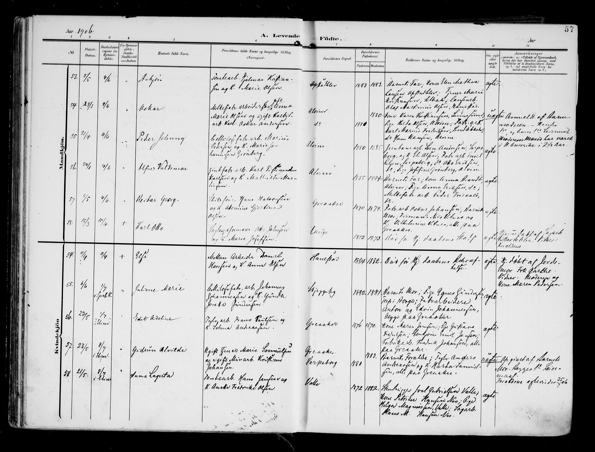 Tune prestekontor Kirkebøker, AV/SAO-A-2007/F/Fa/L0020: Parish register (official) no. 20, 1904-1909, p. 57