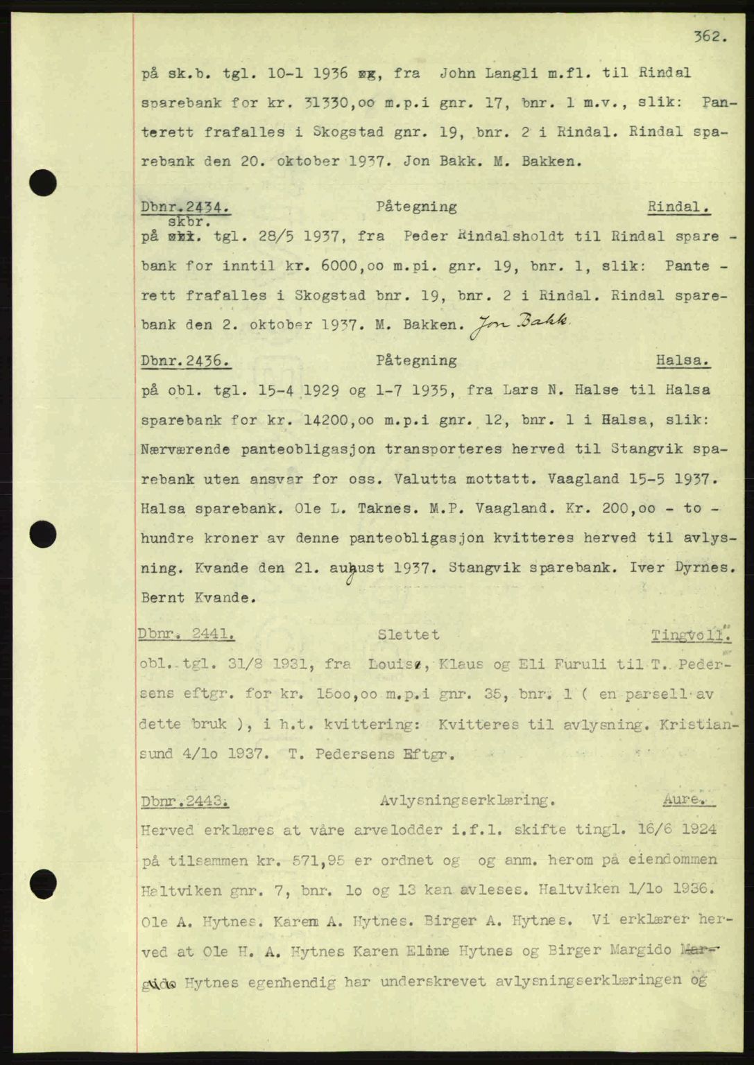 Nordmøre sorenskriveri, AV/SAT-A-4132/1/2/2Ca: Mortgage book no. C80, 1936-1939, Diary no: : 2434/1937