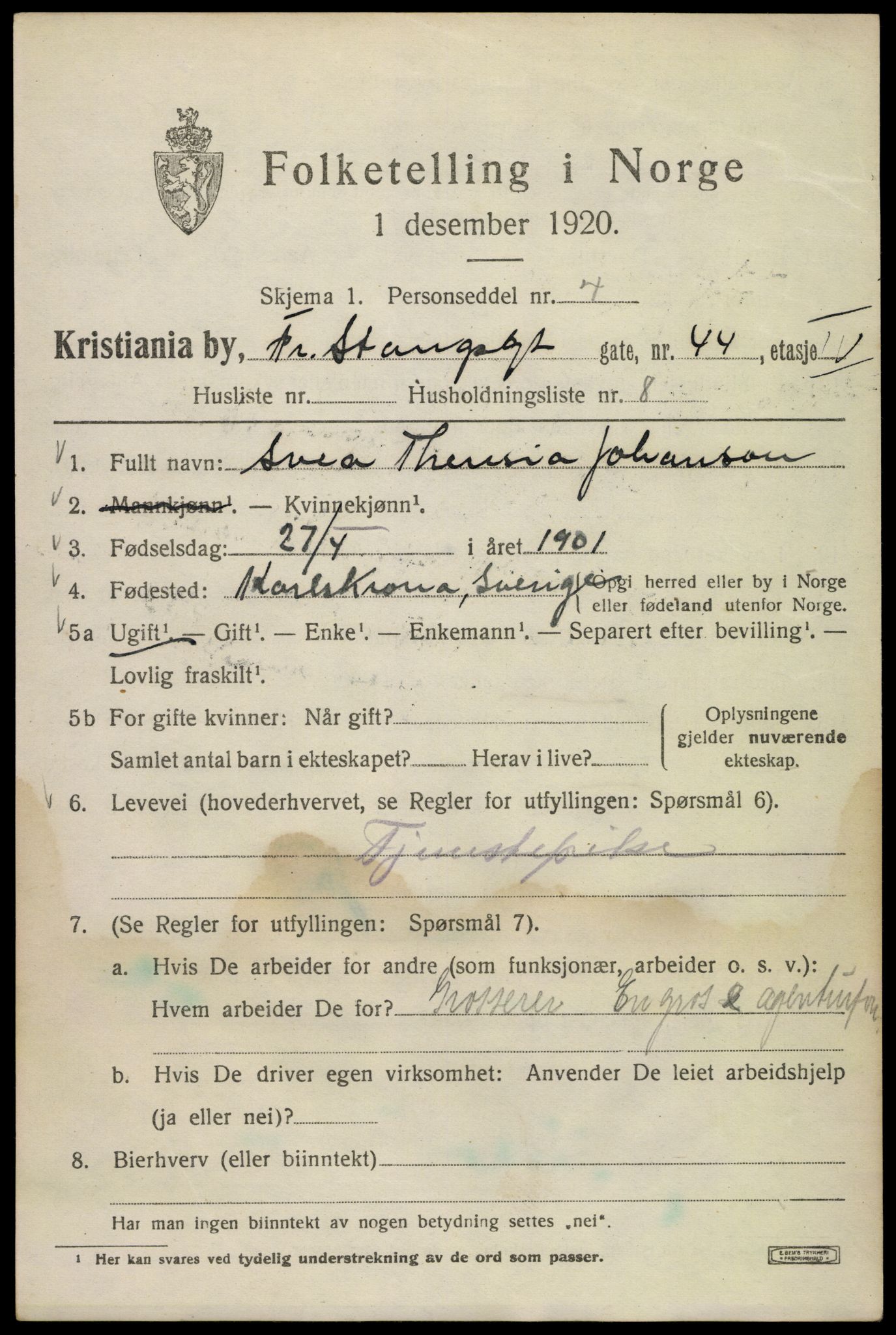 SAO, 1920 census for Kristiania, 1920, p. 238287