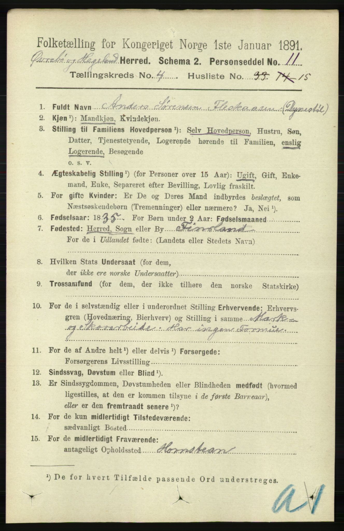 RA, 1891 census for 1016 Øvrebø og Hægeland, 1891, p. 804