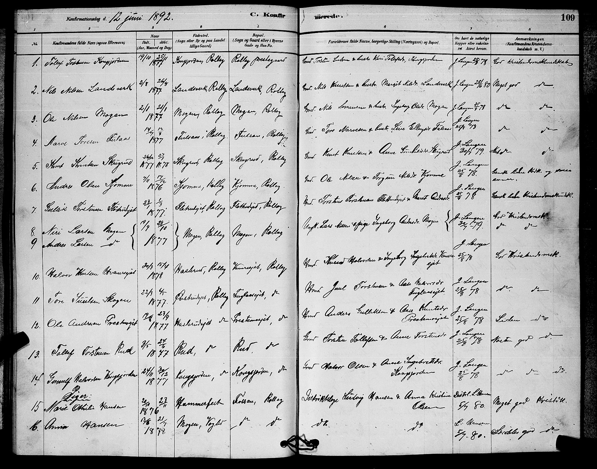 Rollag kirkebøker, AV/SAKO-A-240/G/Ga/L0004: Parish register (copy) no. I 4, 1878-1903, p. 109