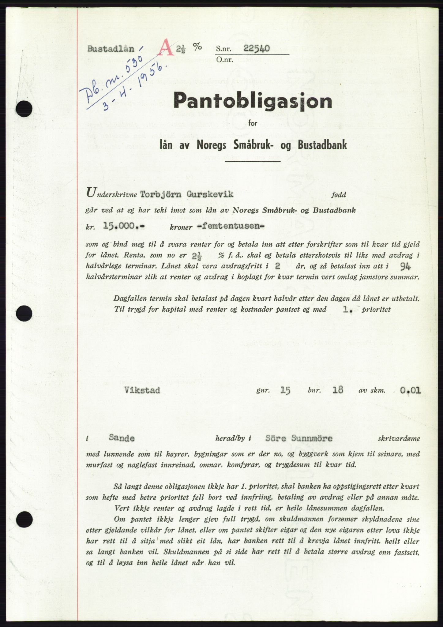 Søre Sunnmøre sorenskriveri, SAT/A-4122/1/2/2C/L0128: Mortgage book no. 16B, 1956-1956, Diary no: : 535/1956