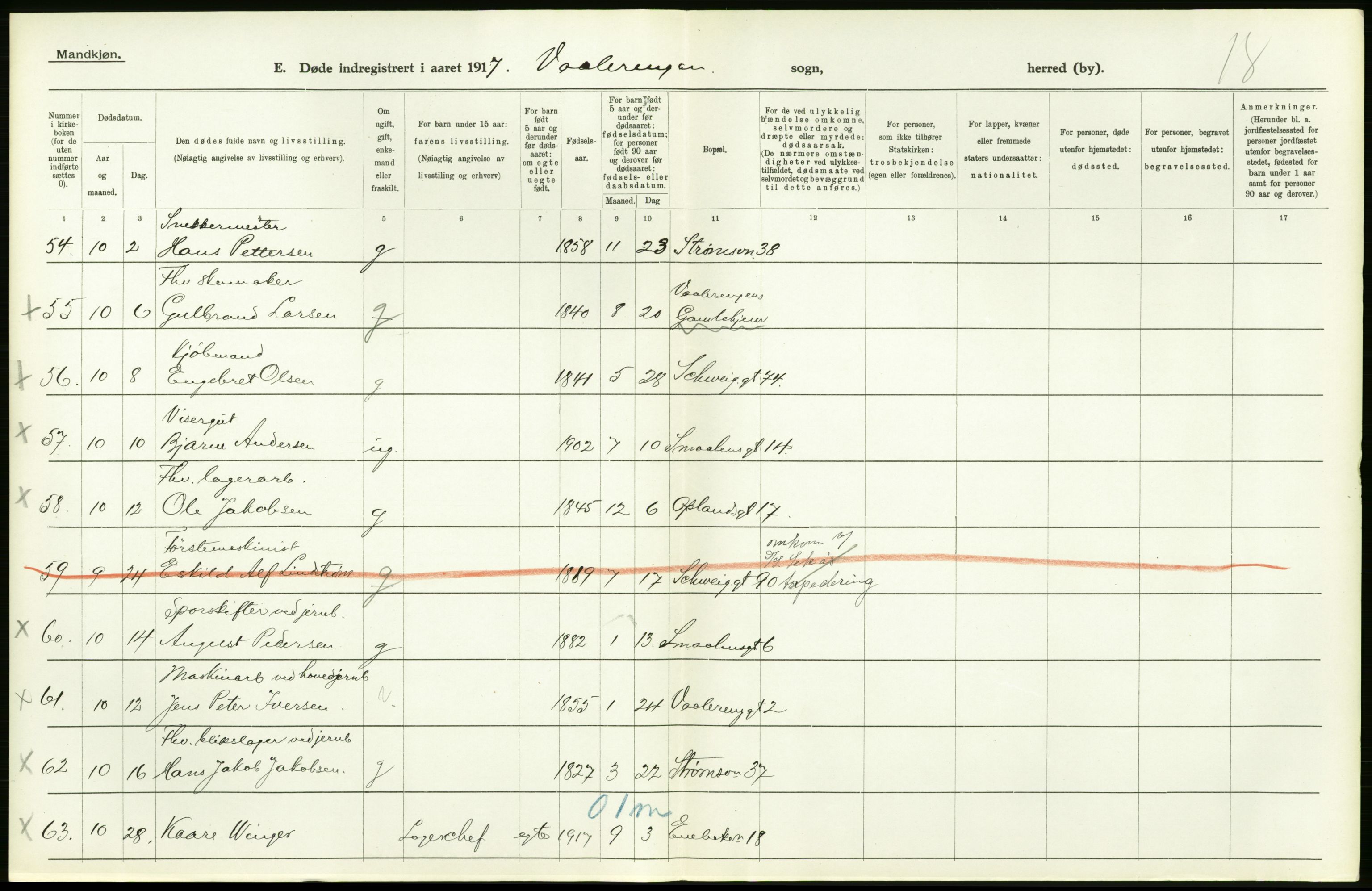 Statistisk sentralbyrå, Sosiodemografiske emner, Befolkning, AV/RA-S-2228/D/Df/Dfb/Dfbg/L0011: Kristiania: Døde, dødfødte., 1917, p. 200