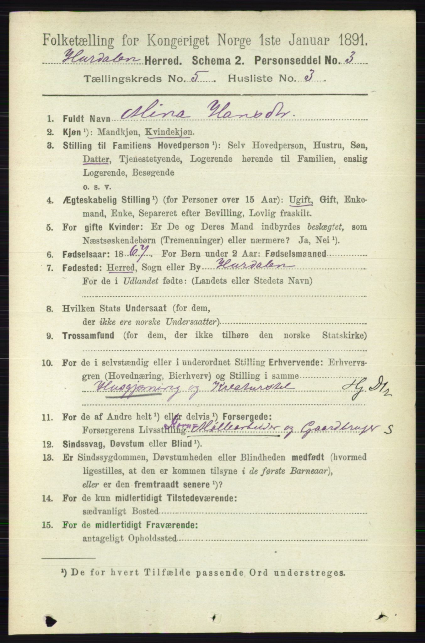 RA, 1891 census for 0239 Hurdal, 1891, p. 2030