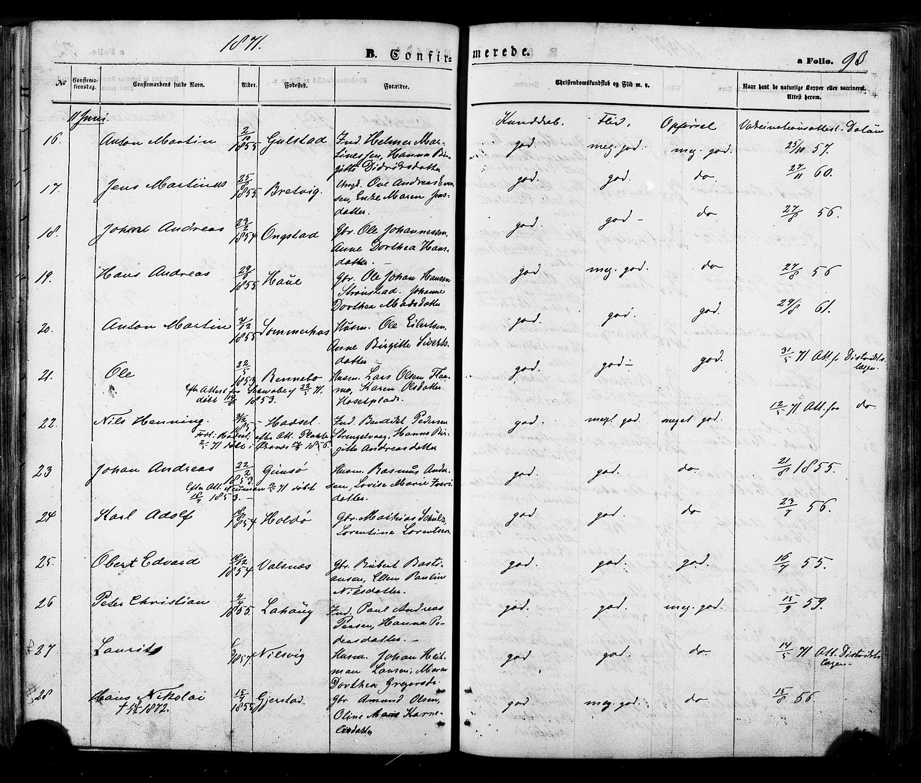 Ministerialprotokoller, klokkerbøker og fødselsregistre - Nordland, AV/SAT-A-1459/888/L1242: Parish register (official) no. 888A08, 1870-1875, p. 93