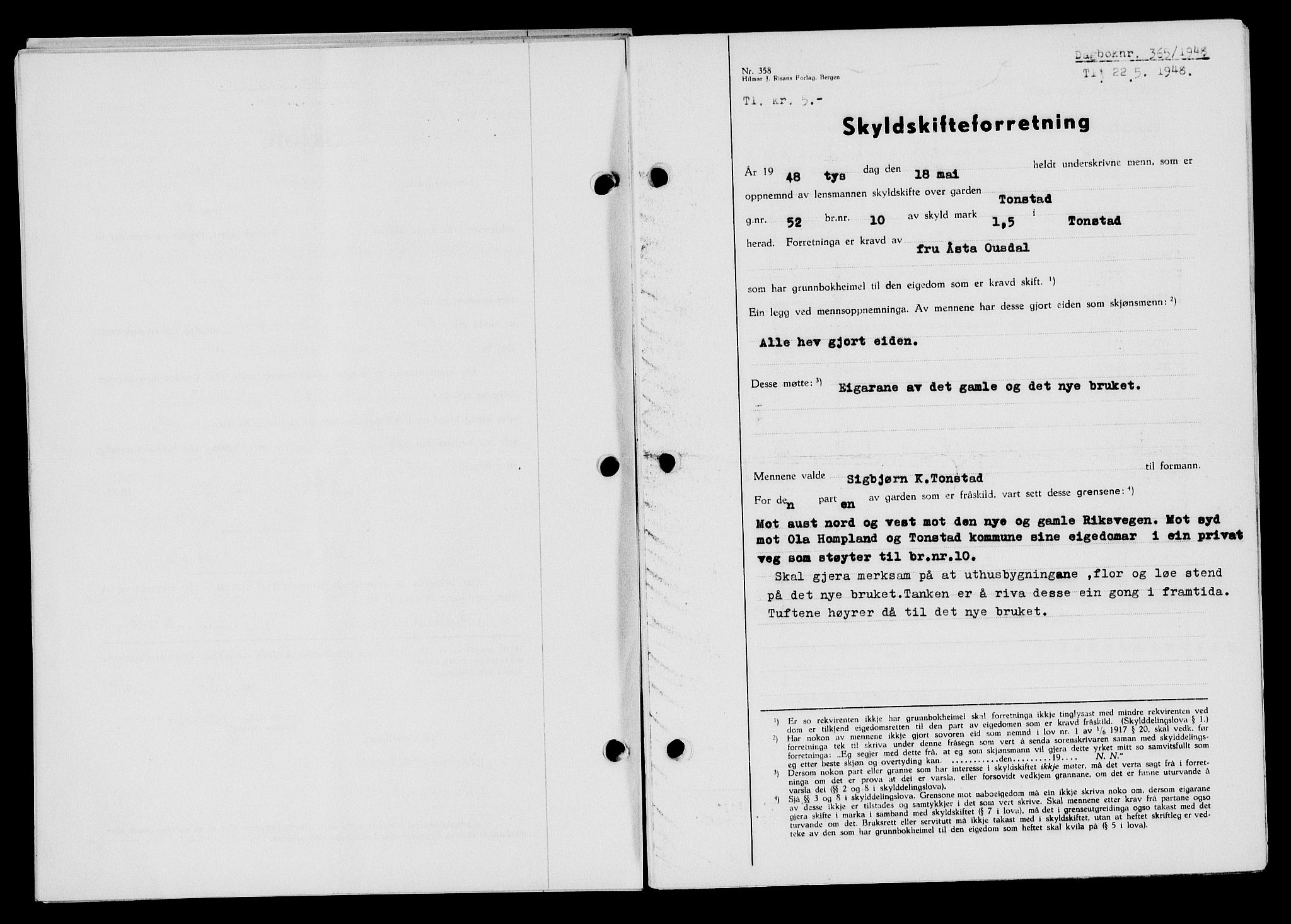 Flekkefjord sorenskriveri, SAK/1221-0001/G/Gb/Gba/L0063: Mortgage book no. A-11, 1947-1948, Diary no: : 365/1948