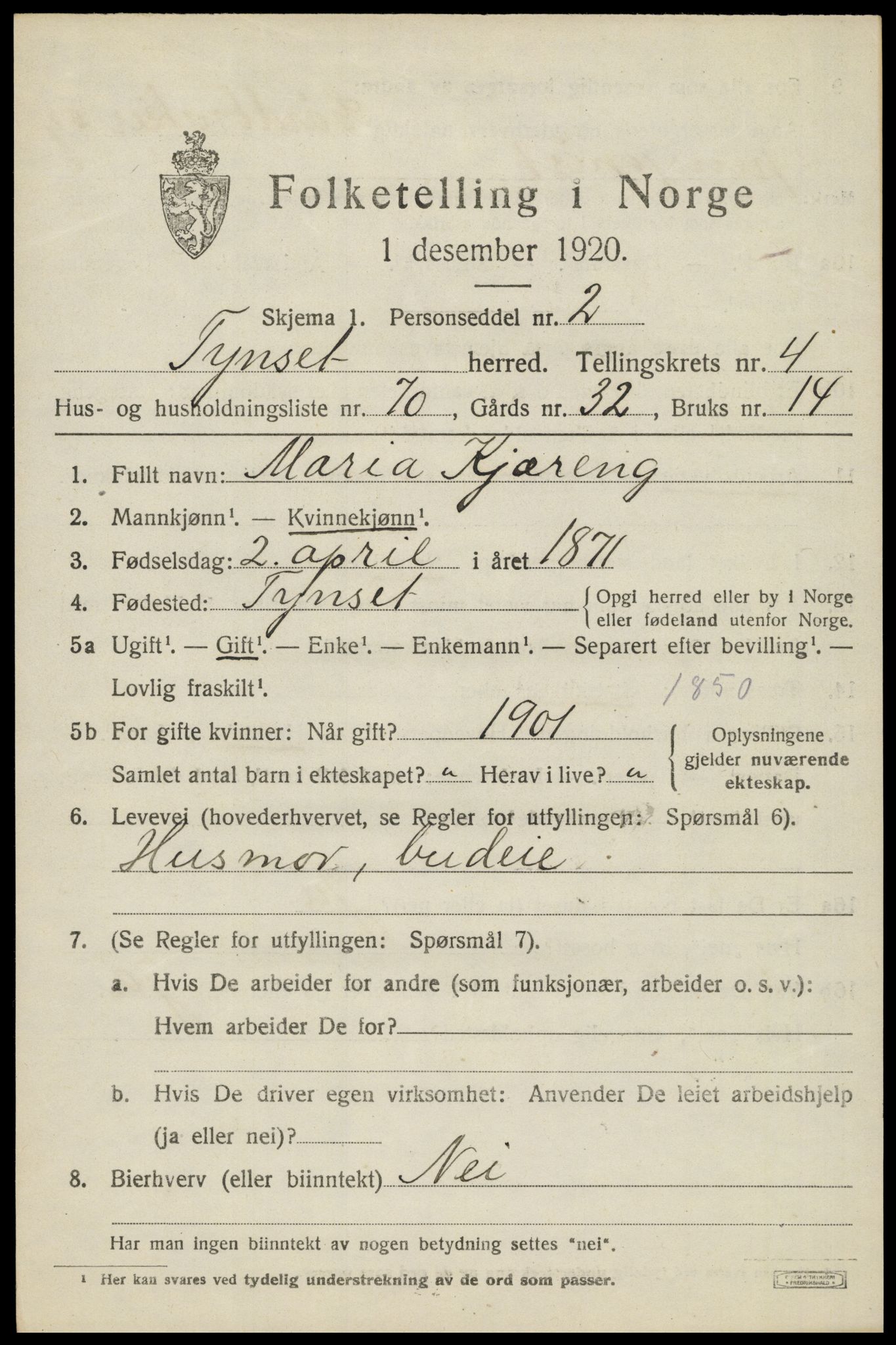 SAH, 1920 census for Tynset, 1920, p. 4076