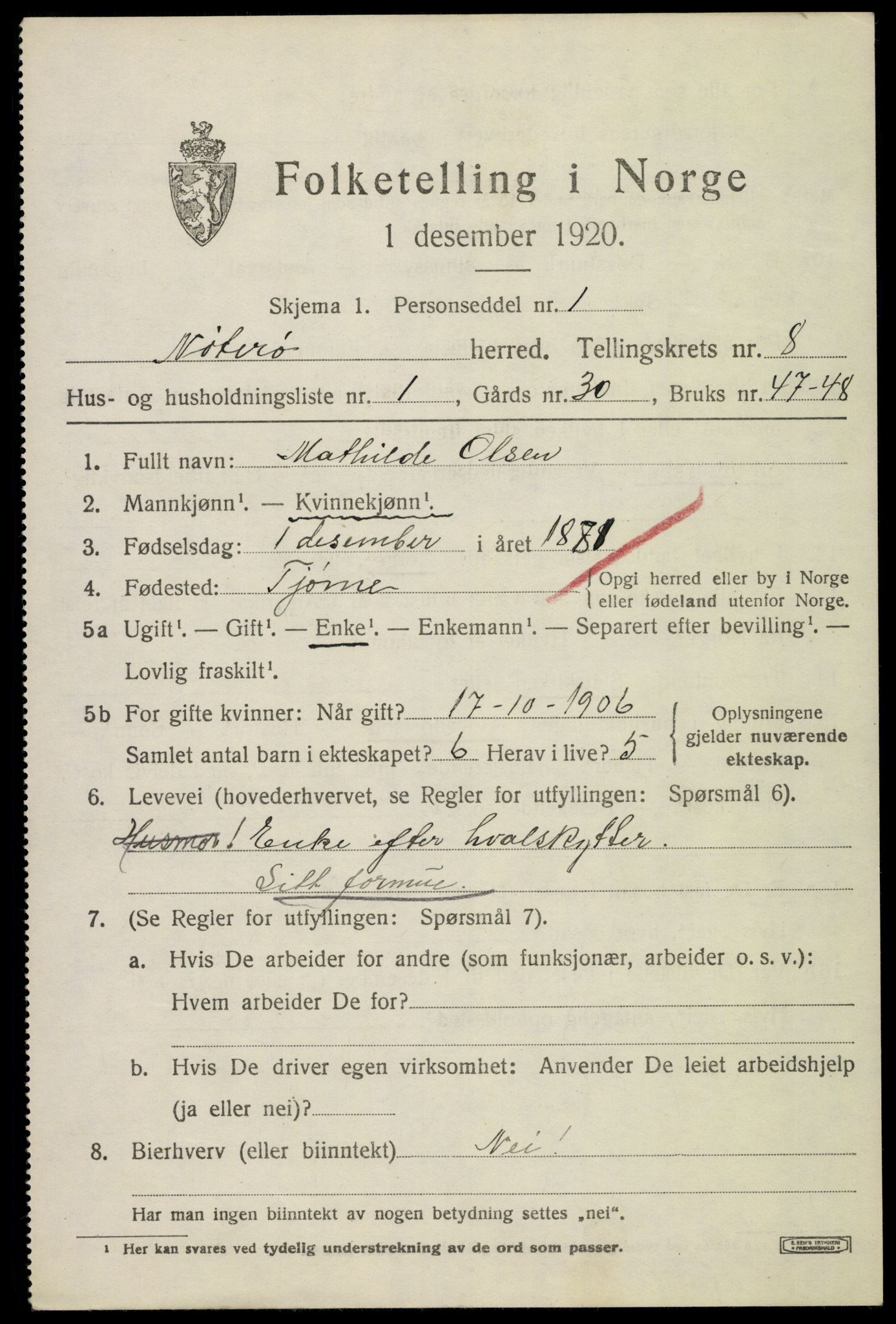 SAKO, 1920 census for Nøtterøy, 1920, p. 10407