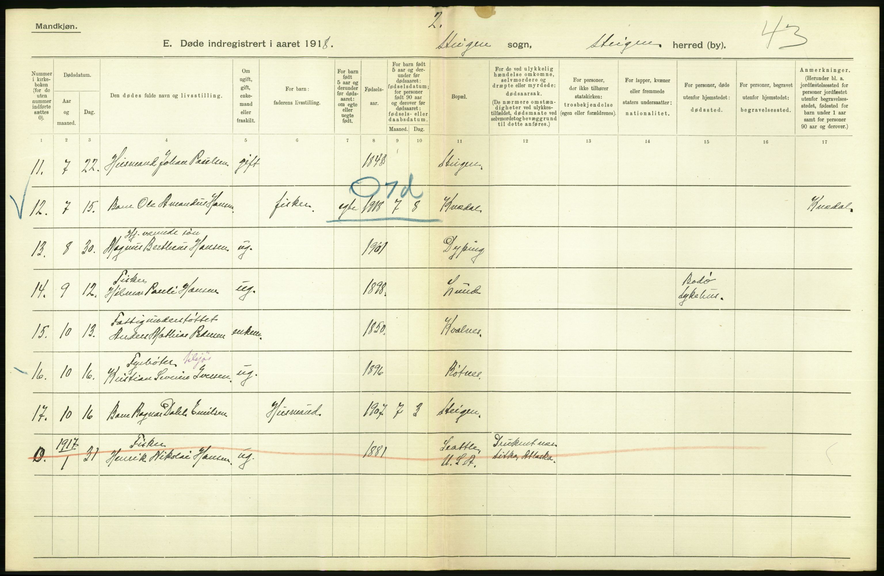 Statistisk sentralbyrå, Sosiodemografiske emner, Befolkning, AV/RA-S-2228/D/Df/Dfb/Dfbh/L0055: Nordland fylke: Døde. Bygder og byer., 1918, p. 352