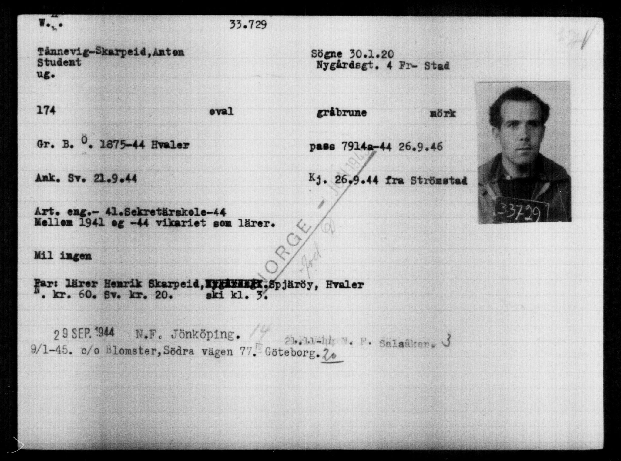 Utenriksstasjonene, Legasjonen i Stockholm, Flyktningkontoret, AV/RA-S-6753/V/Va/L0013: Kjesäterkartoteket, flyktninger med registreringsnr. 31500-34731, 1940-1945, p. 2353