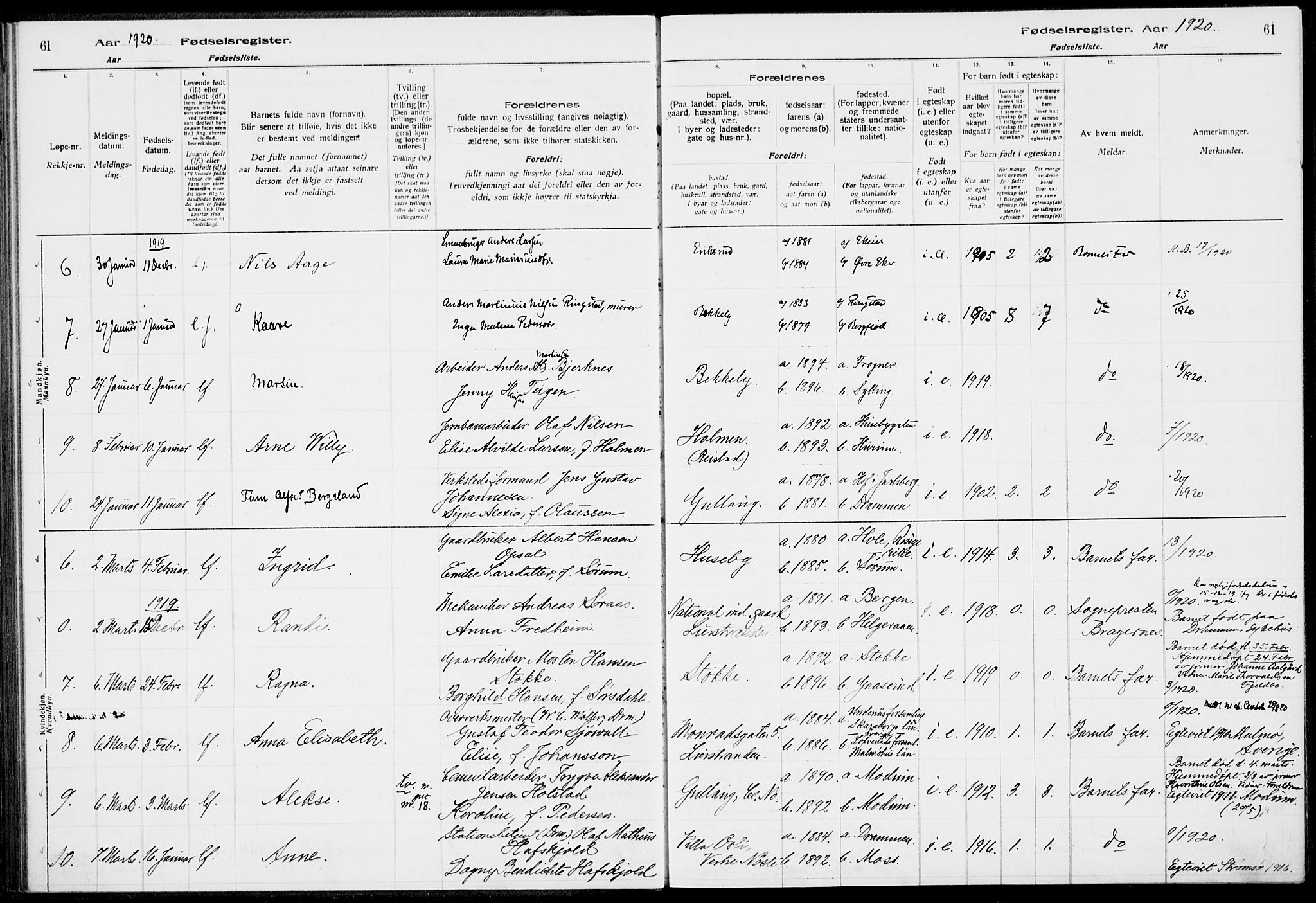 Lier kirkebøker, AV/SAKO-A-230/J/Ja/L0001: Birth register no. 1, 1916-1928, p. 61