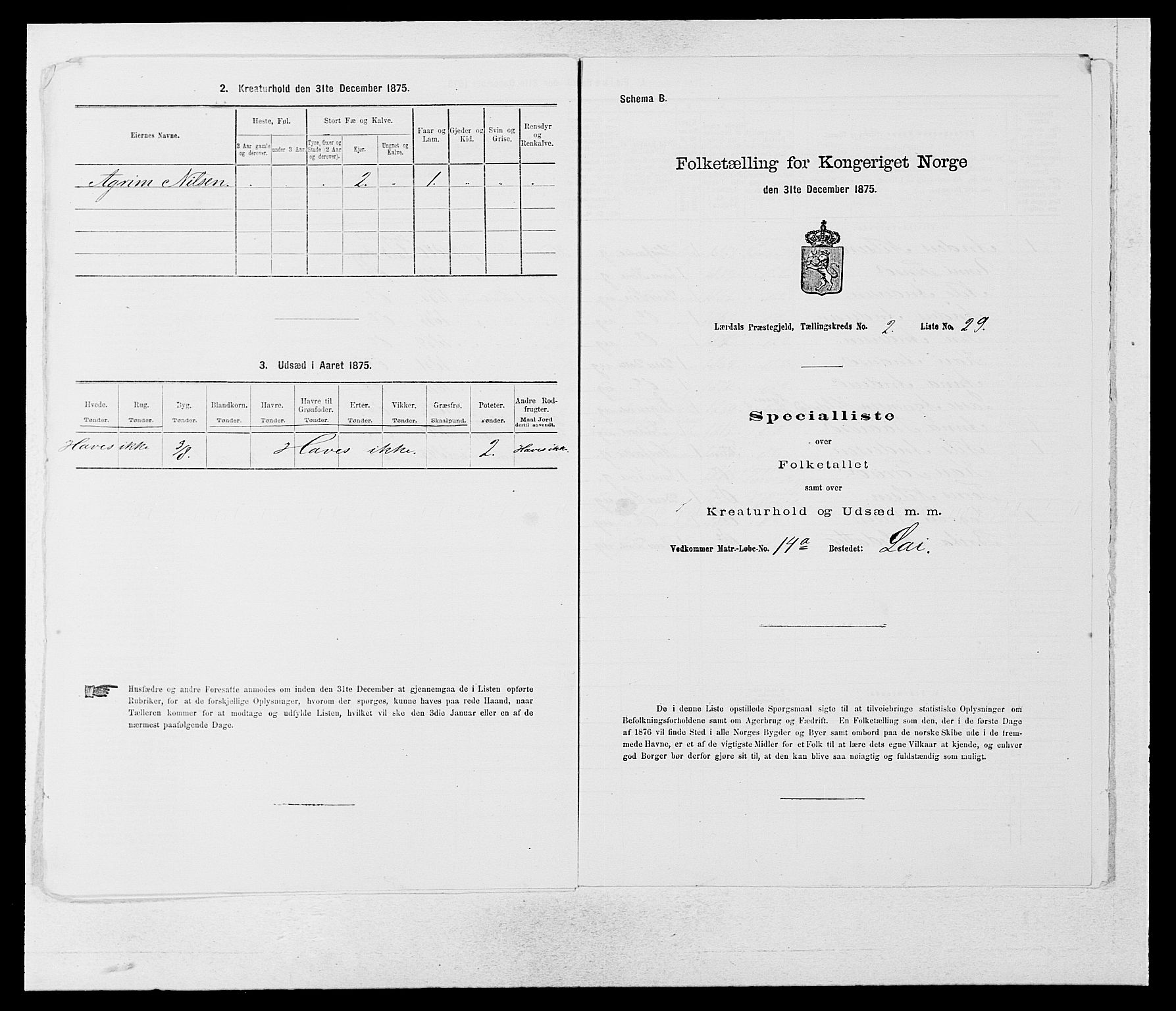 SAB, 1875 census for 1422P Lærdal, 1875, p. 1059