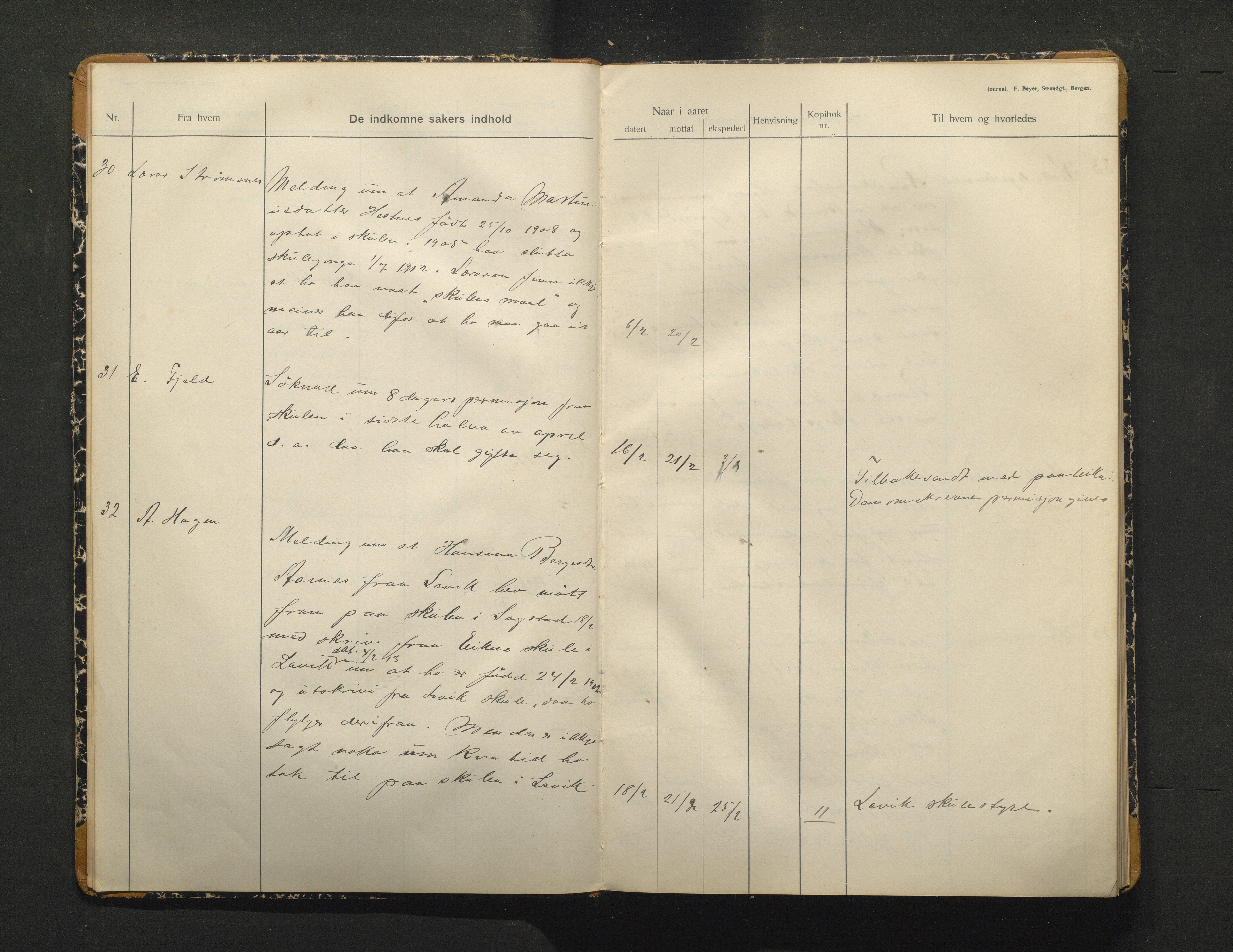 Alversund kommune. Skulestyret, IKAH/1257-211/C/Ca/L0003: Brevjournal for Alversund skulestyre, 1913-1915