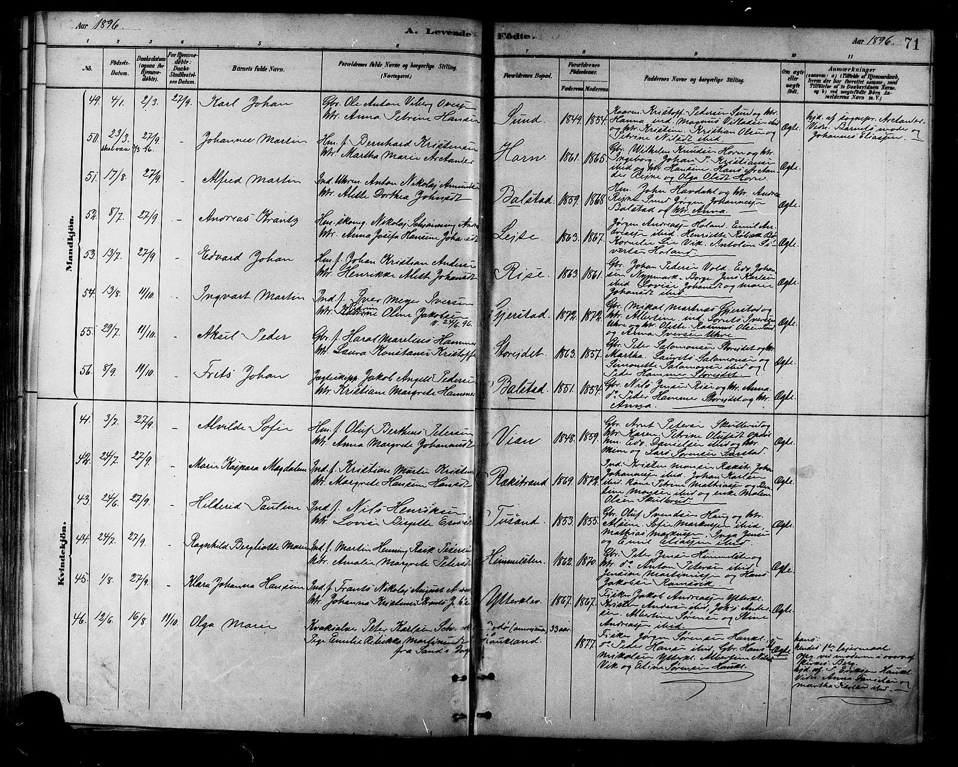 Ministerialprotokoller, klokkerbøker og fødselsregistre - Nordland, SAT/A-1459/881/L1167: Parish register (copy) no. 881C04, 1886-1899, p. 71