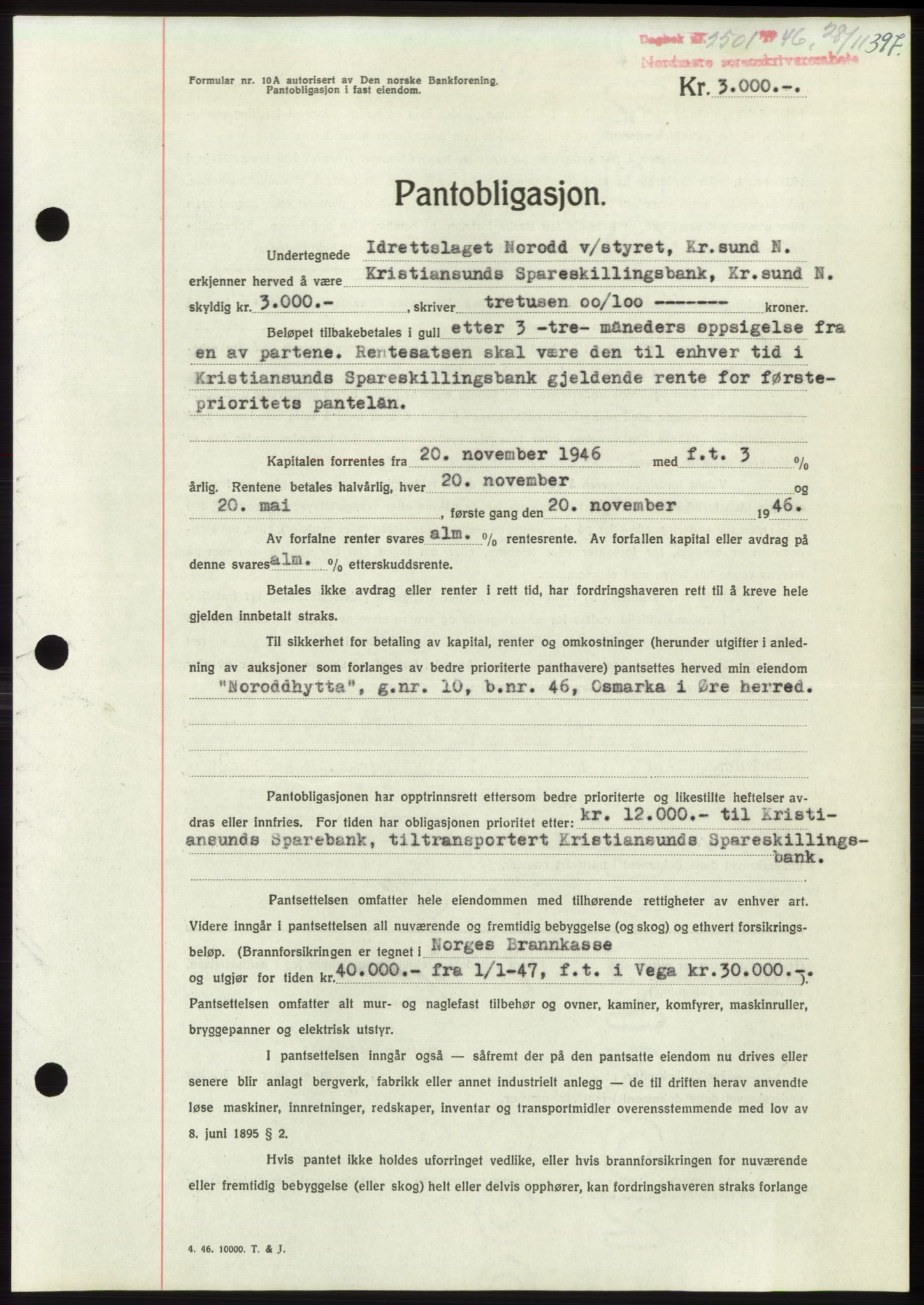 Nordmøre sorenskriveri, AV/SAT-A-4132/1/2/2Ca: Mortgage book no. B95, 1946-1947, Diary no: : 2501/1946