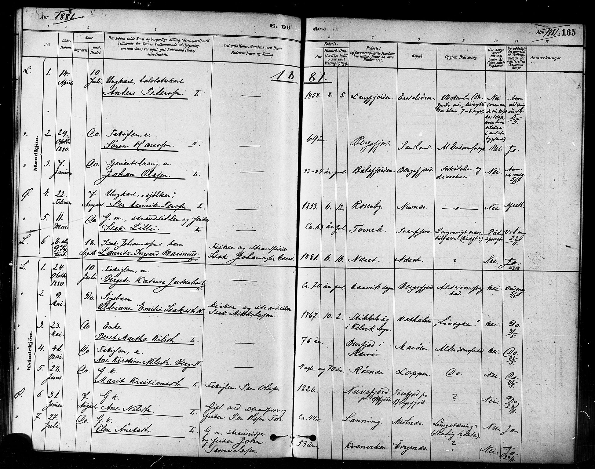 Loppa sokneprestkontor, SATØ/S-1339/H/Ha/L0006kirke: Parish register (official) no. 6, 1879-1895, p. 165