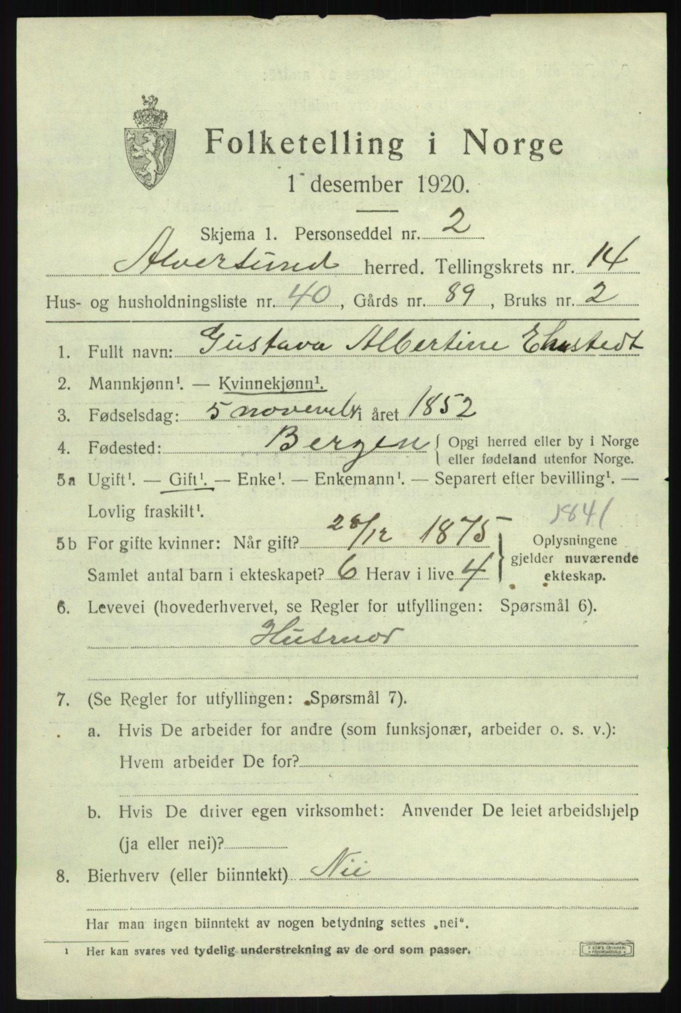 SAB, 1920 census for Alversund, 1920, p. 8242