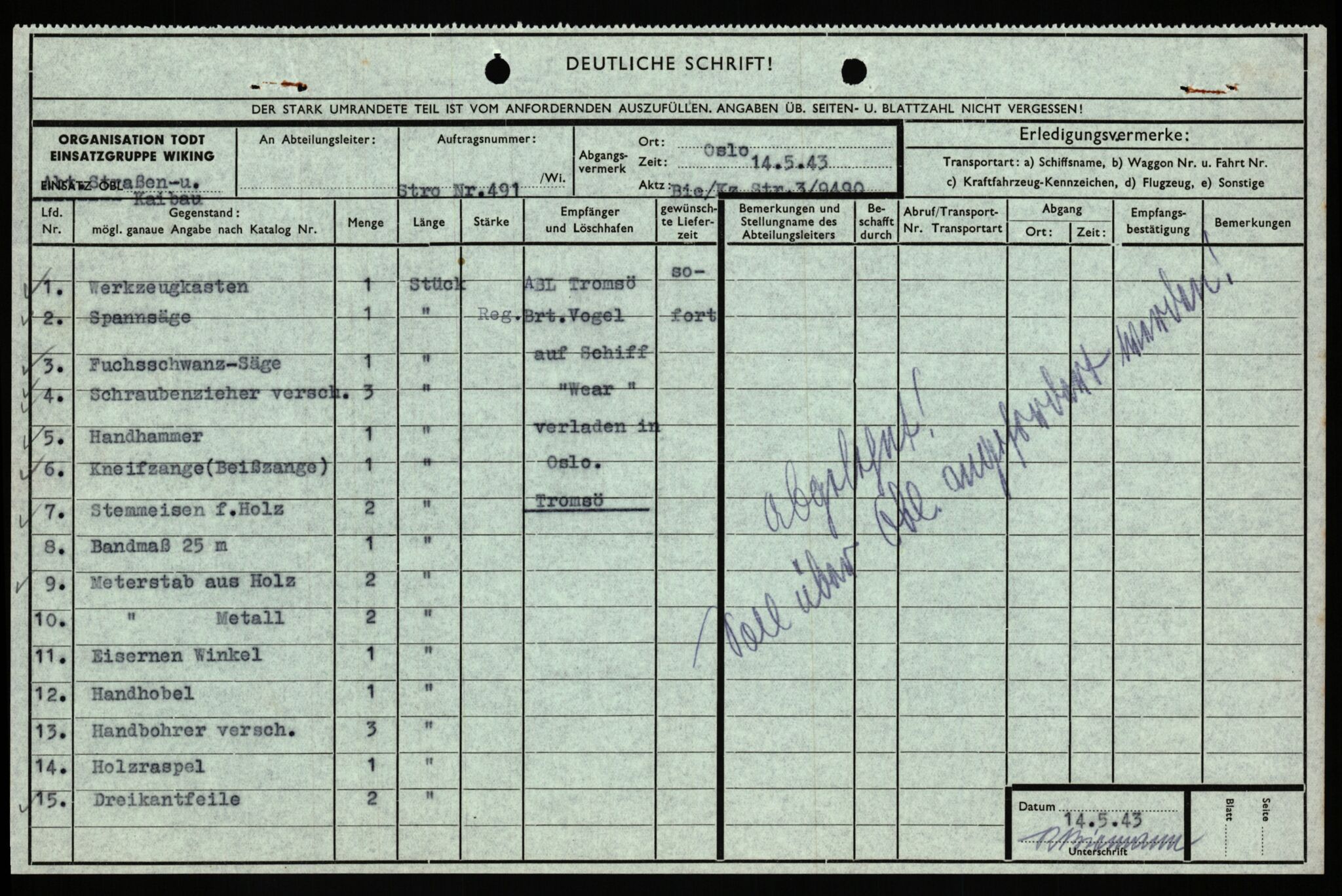 Tyske arkiver, Organisation Todt (OT), Einsatzgruppe Wiking, AV/RA-RAFA-2188/1/E/E6/E6c/L0007: Nachschub: Arkivkode 9451-9490, 1940-1945, p. 697