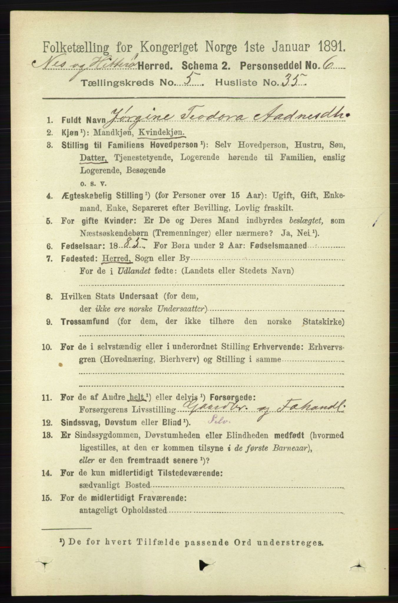 RA, 1891 census for 1043 Hidra og Nes, 1891, p. 2030