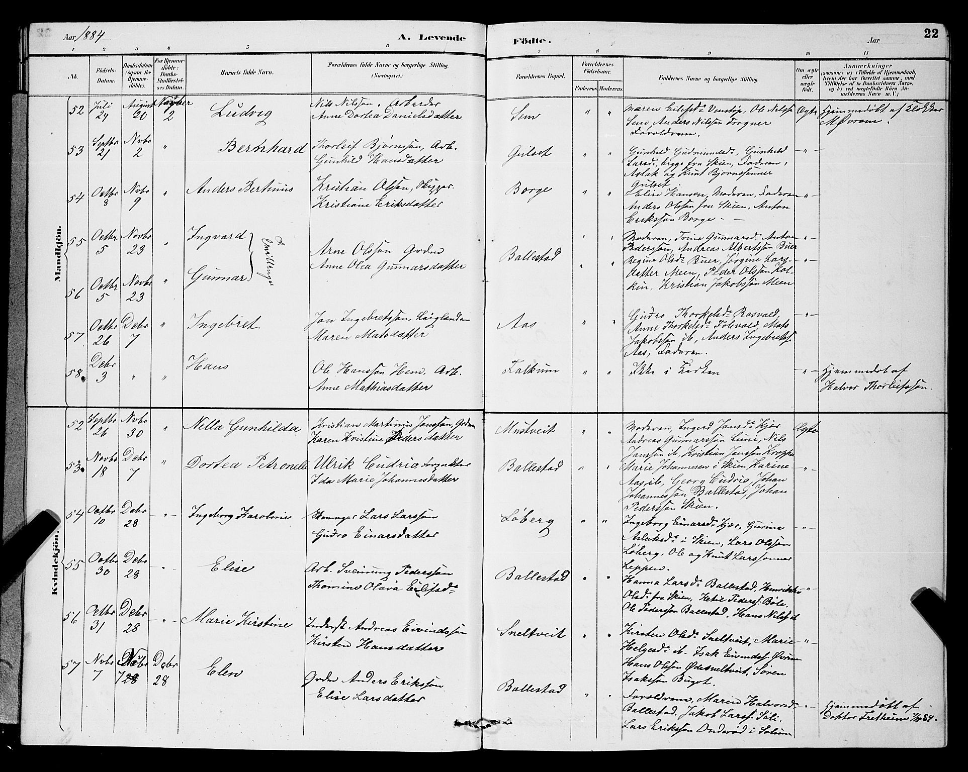 Gjerpen kirkebøker, SAKO/A-265/G/Ga/L0002: Parish register (copy) no. I 2, 1883-1900, p. 22