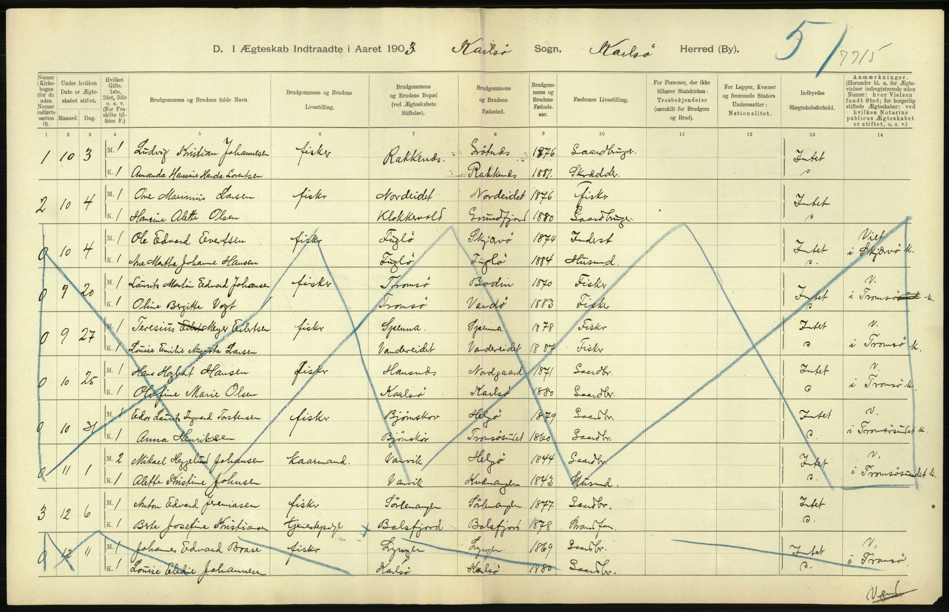 Statistisk sentralbyrå, Sosiodemografiske emner, Befolkning, AV/RA-S-2228/D/Df/Dfa/Dfaa/L0021: Tromsø amt: Fødte, gifte, døde., 1903, p. 318