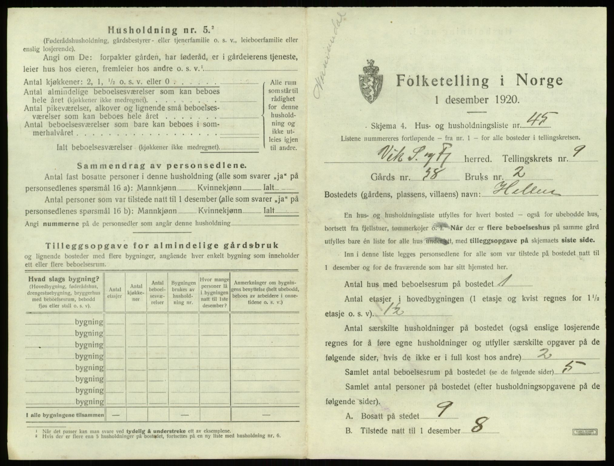 SAB, 1920 census for Vik, 1920, p. 988