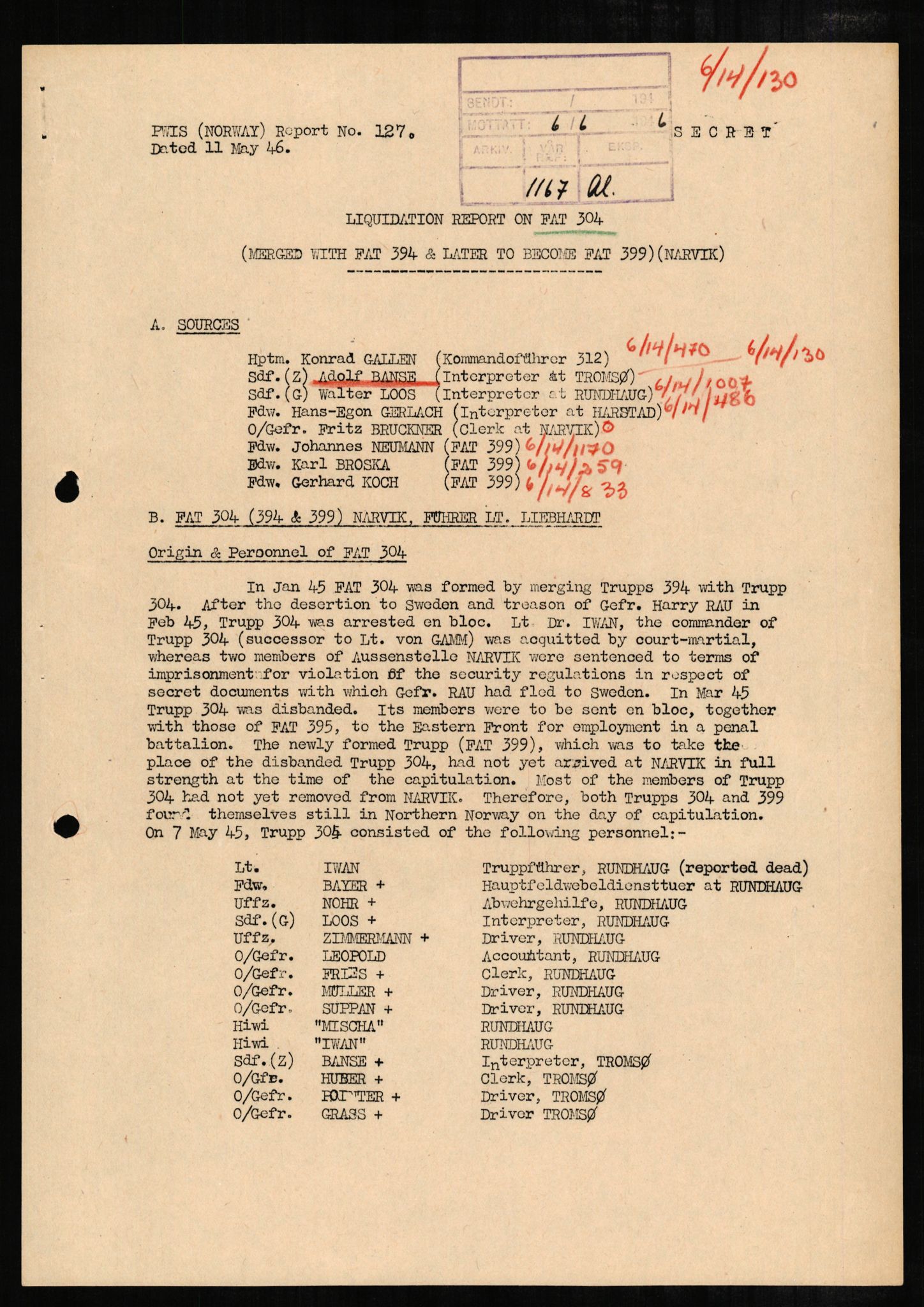 Forsvaret, Forsvarets overkommando II, AV/RA-RAFA-3915/D/Db/L0002: CI Questionaires. Tyske okkupasjonsstyrker i Norge. Tyskere., 1945-1946, p. 49