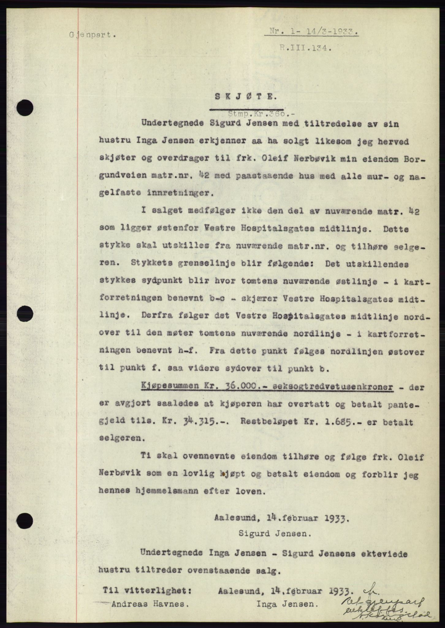 Ålesund byfogd, AV/SAT-A-4384: Mortgage book no. 30, 1932-1933, Deed date: 14.03.1933