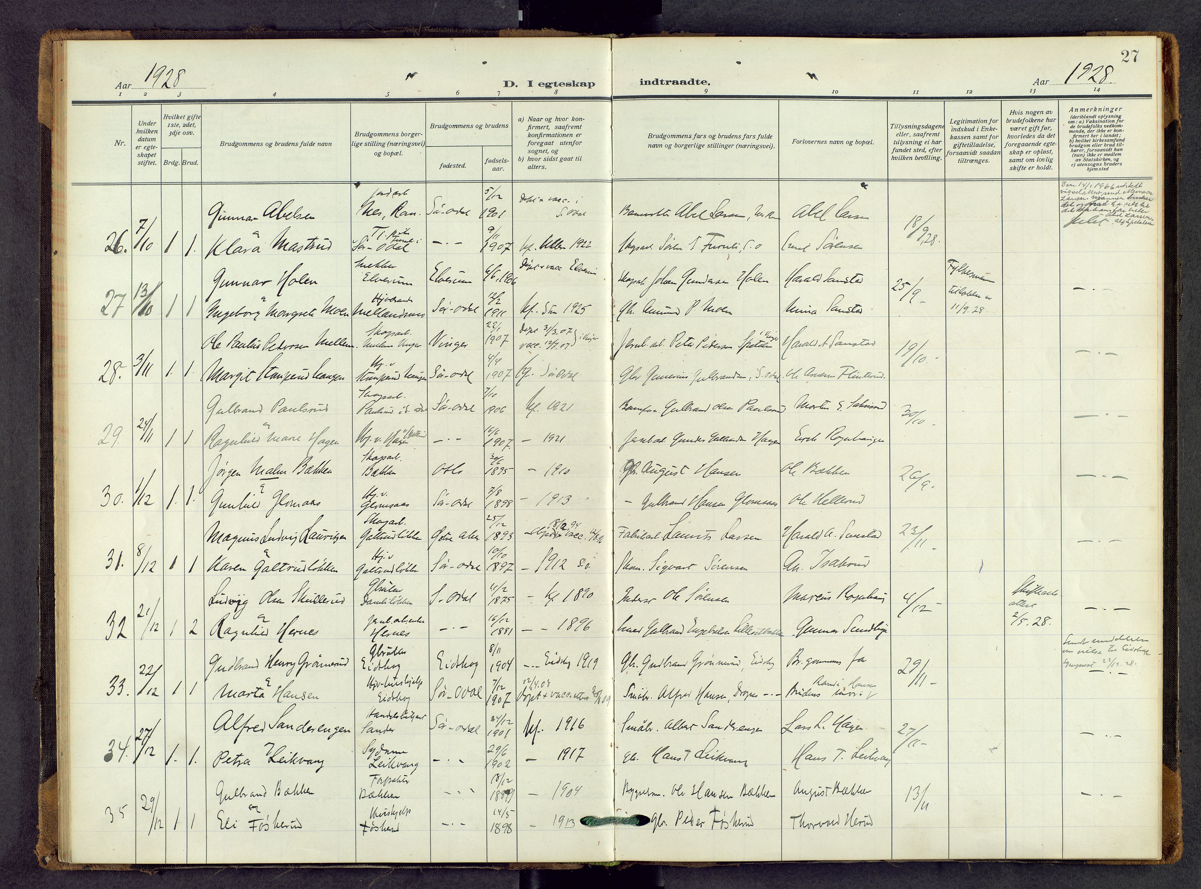 Sør-Odal prestekontor, AV/SAH-PREST-030/H/Ha/Haa/L0011: Parish register (official) no. 11, 1922-1945, p. 27