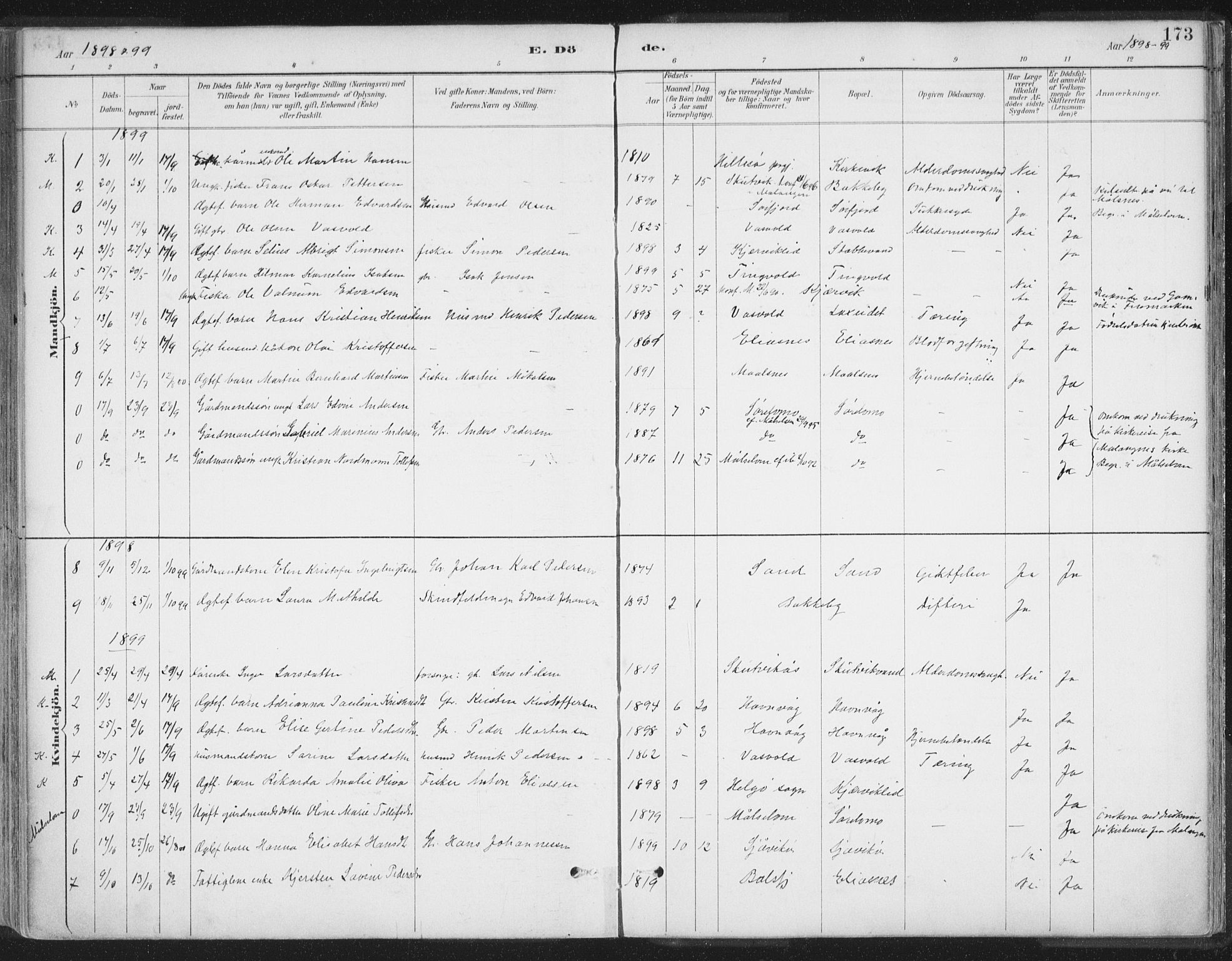 Balsfjord sokneprestembete, AV/SATØ-S-1303/G/Gaa/L0007kirke: Parish register (official) no. 7, 1887-1909, p. 173