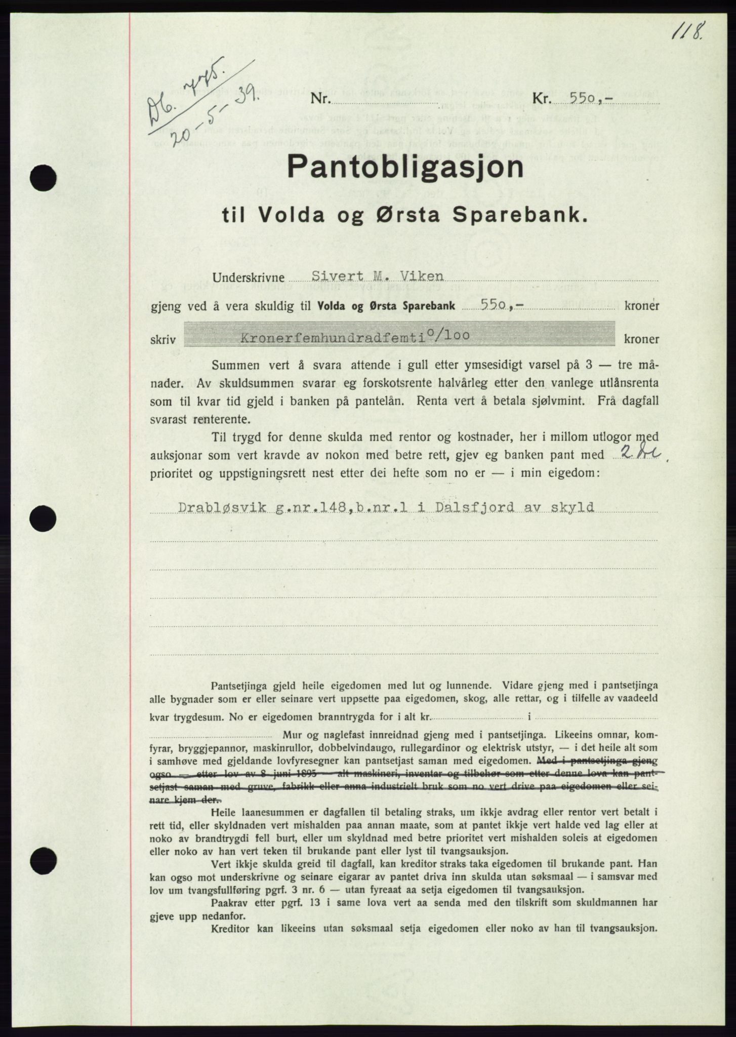 Søre Sunnmøre sorenskriveri, AV/SAT-A-4122/1/2/2C/L0068: Mortgage book no. 62, 1939-1939, Diary no: : 775/1939